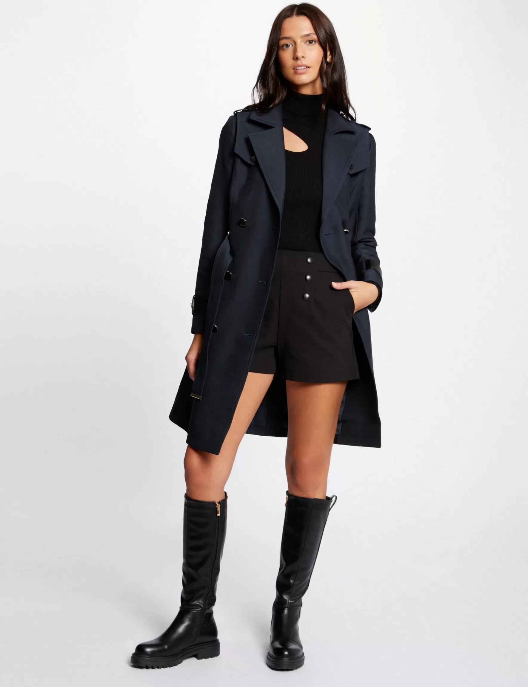 Clothes MORGAN ^Belted trenchcoat faux leather details ladies' navy