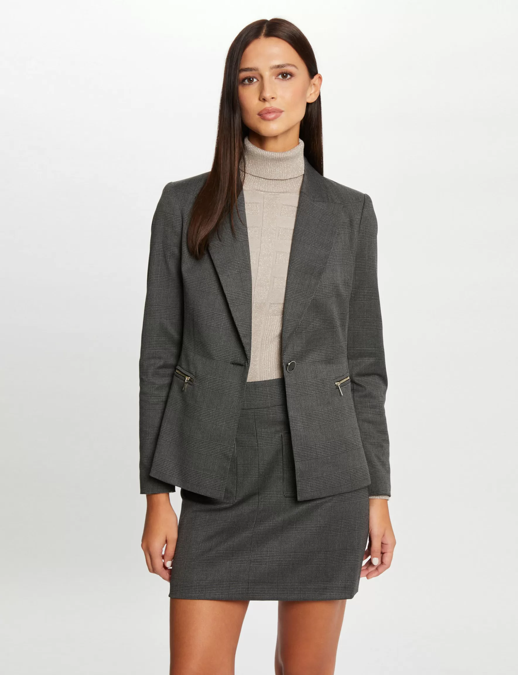 Clothes MORGAN ^Checked waisted jacket anthracite grey ladies' anthracite_grey