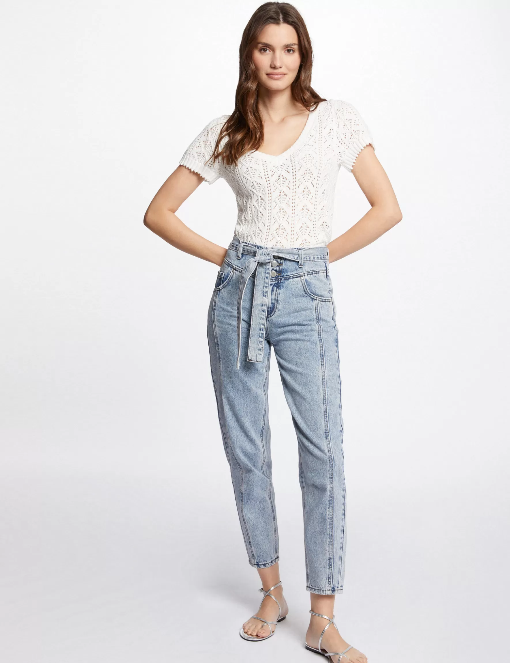 Clothes MORGAN ^Cropped regular belted jeans jean bleached ladies' jean_bleached