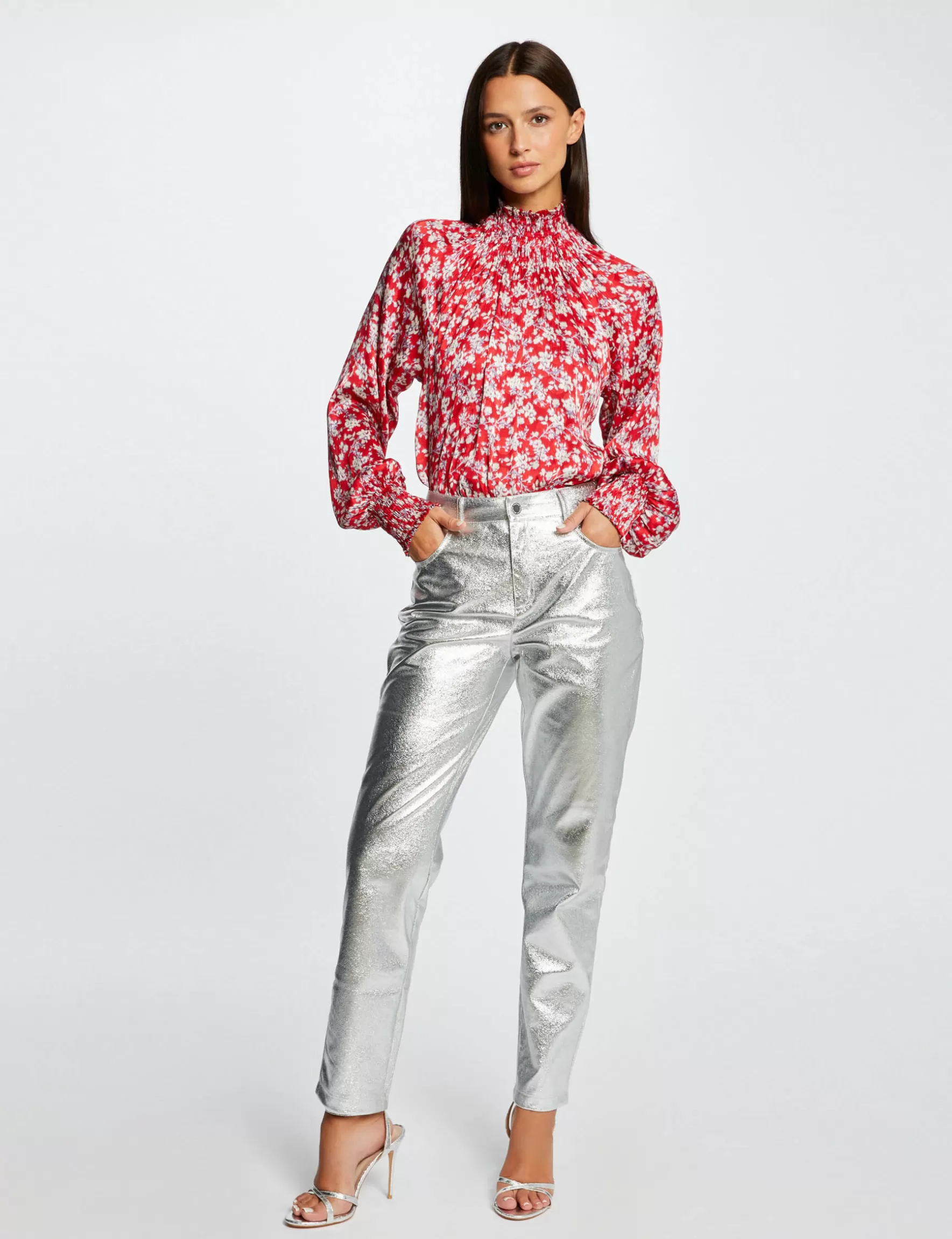 Clothes MORGAN ^Faux leather straight trousers ladies' silver