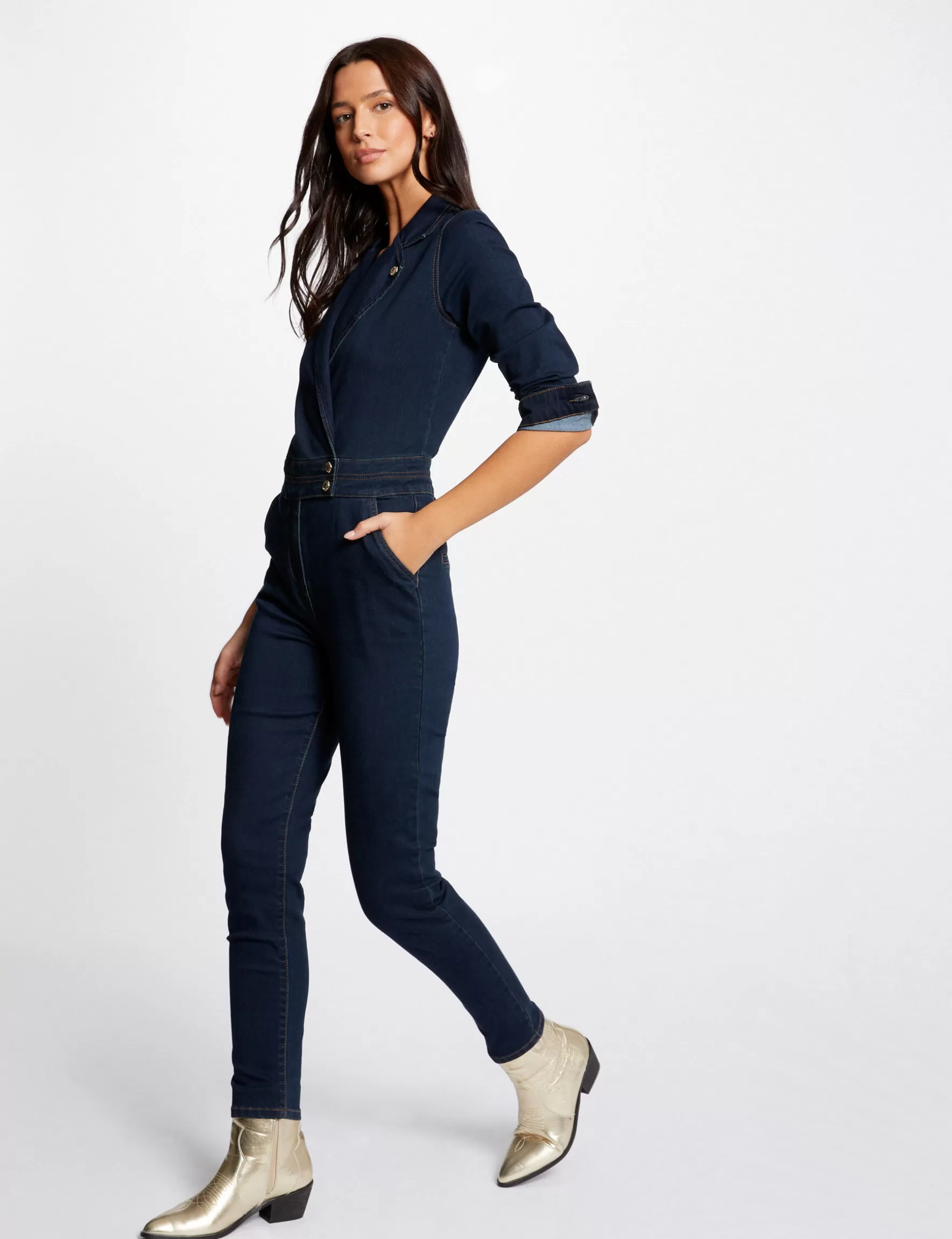 Clothes MORGAN ^Fitted denim jumpsuit 3/4-length sleeves raw denim ladies' raw_denim