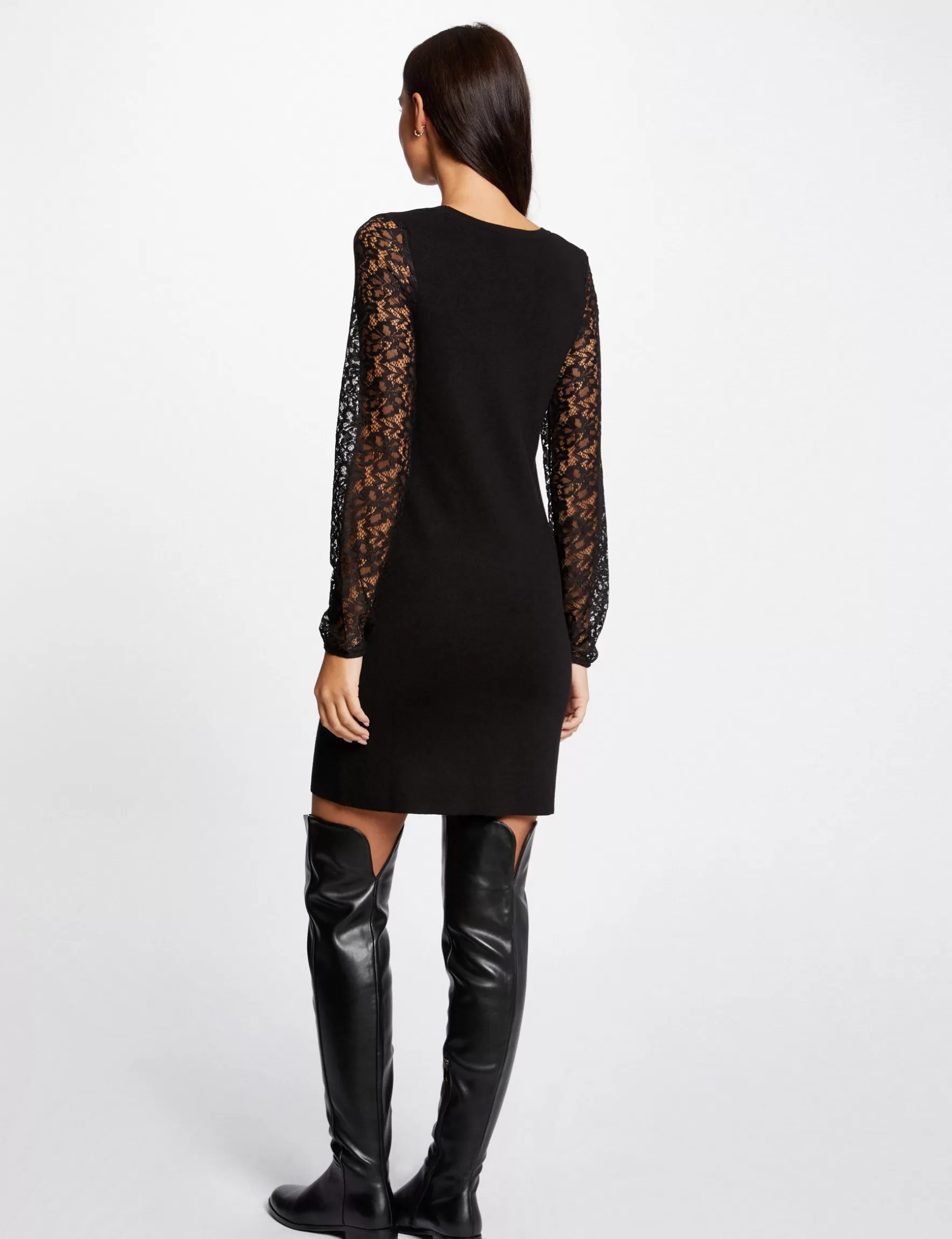 Clothes MORGAN ^Fitted jumper dress with lace sleeves ladies' black