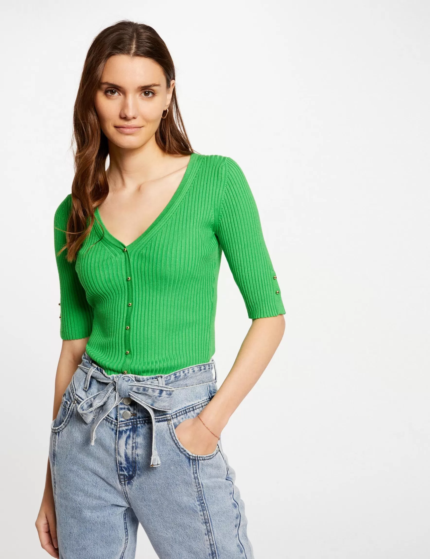 Clothes MORGAN ^Jumper V-neck short sleeves ladies' green