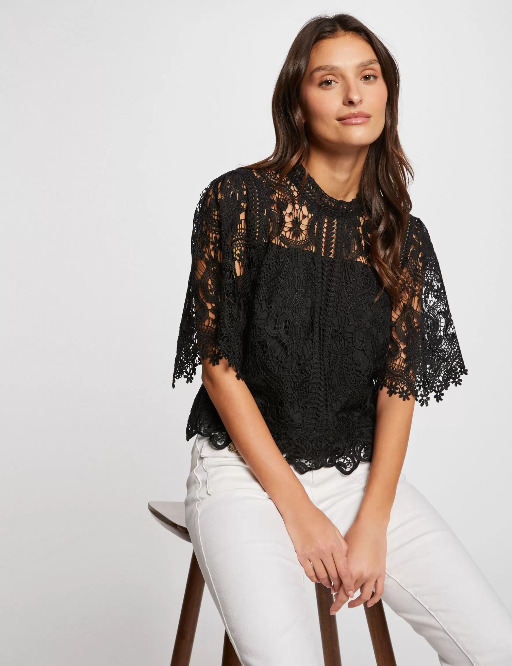 Clothes MORGAN ^Lace top short sleeves ladies' black