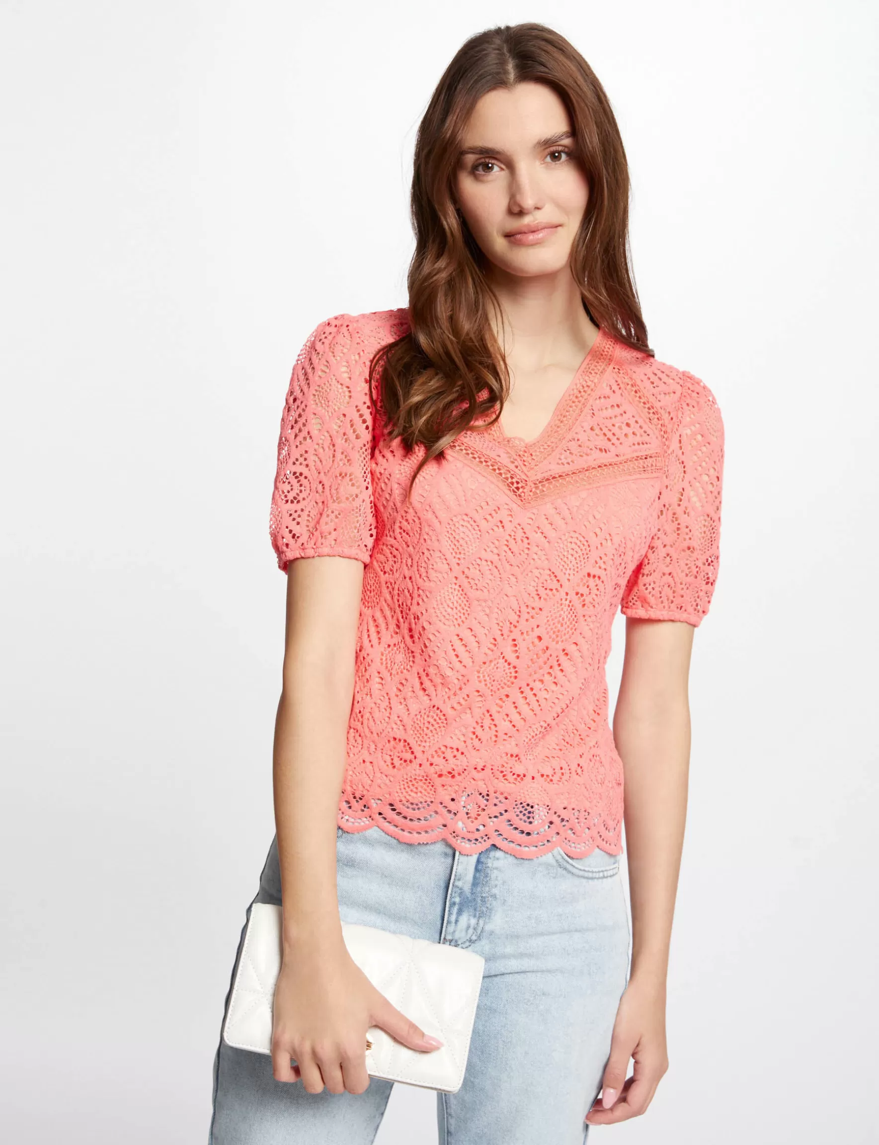 Clothes MORGAN ^Lace t-shirt ladies' coral