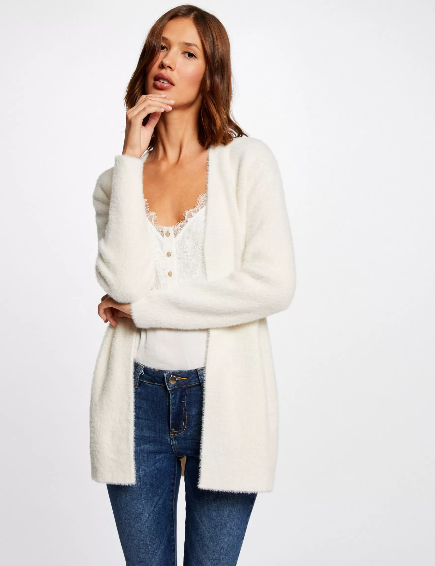 Clothes MORGAN ^Long cardigan with fluffy knit ladies' ivory