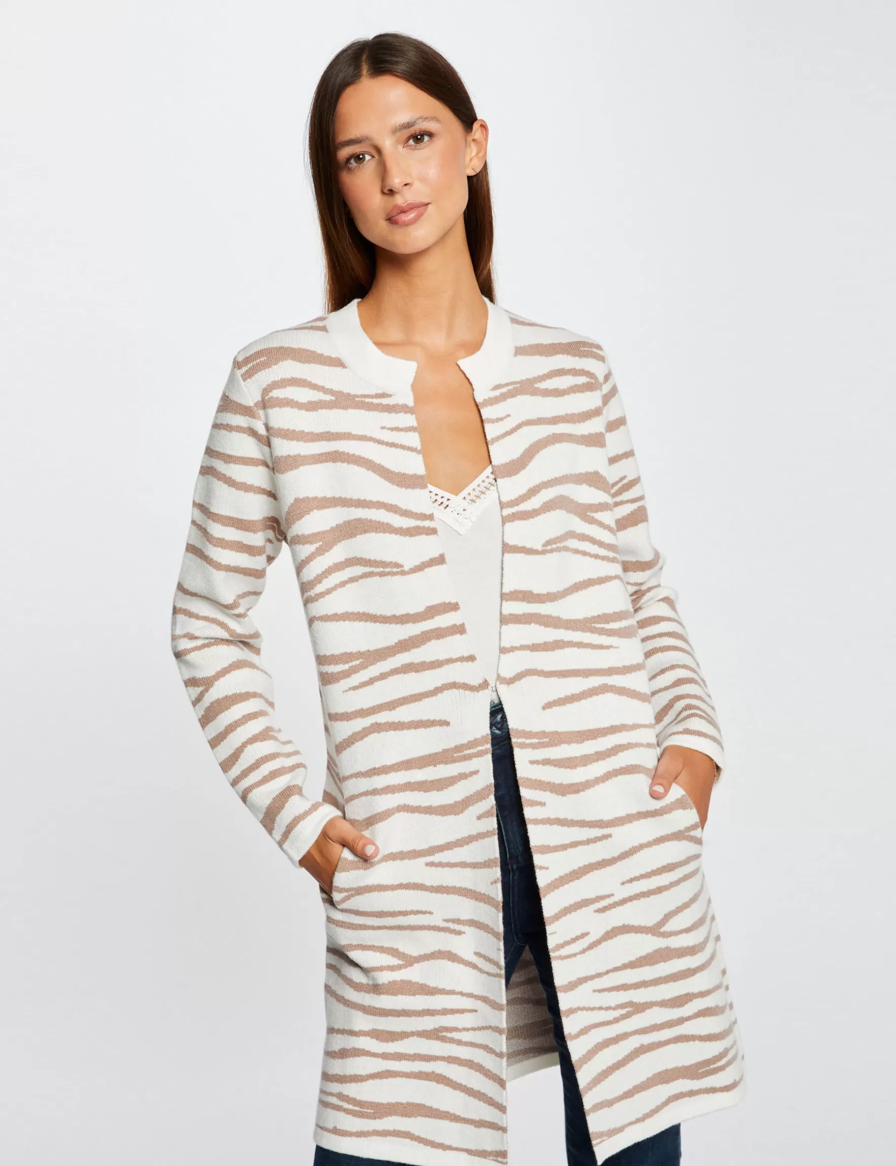 Clothes MORGAN ^Long cardigan with zebra print ladies' ecru