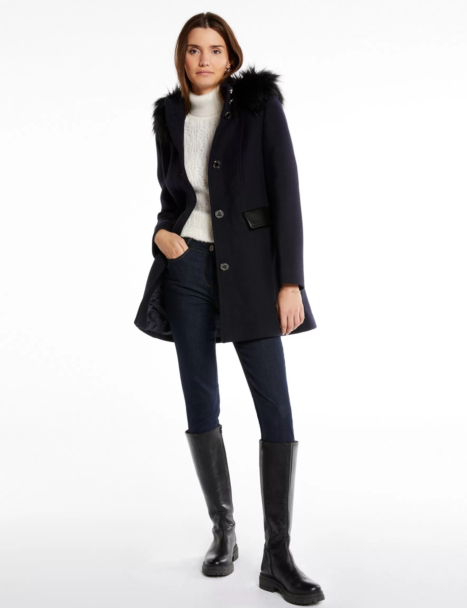 Clothes MORGAN ^Long coat faux leather details ladies' navy