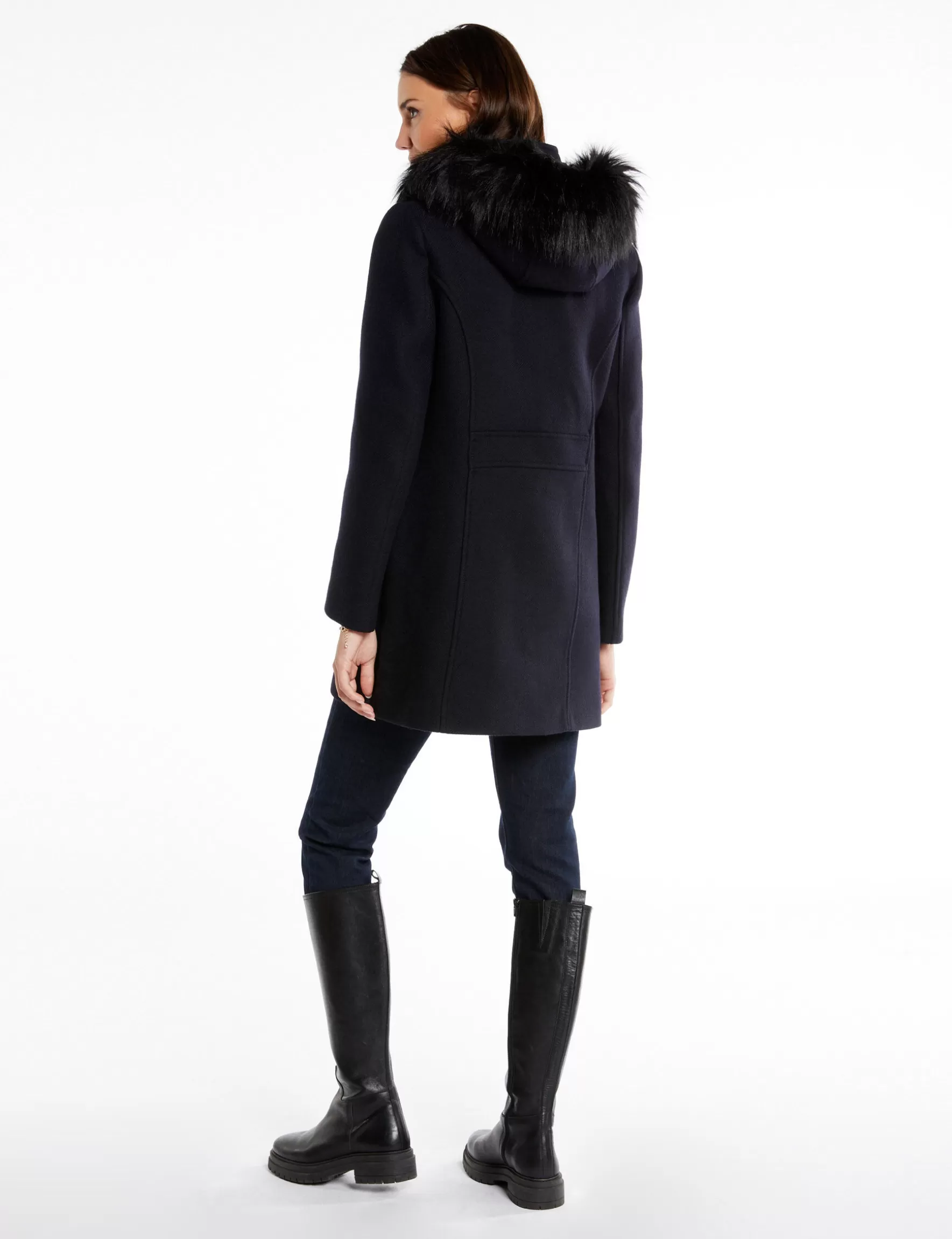 Clothes MORGAN ^Long coat faux leather details ladies' navy