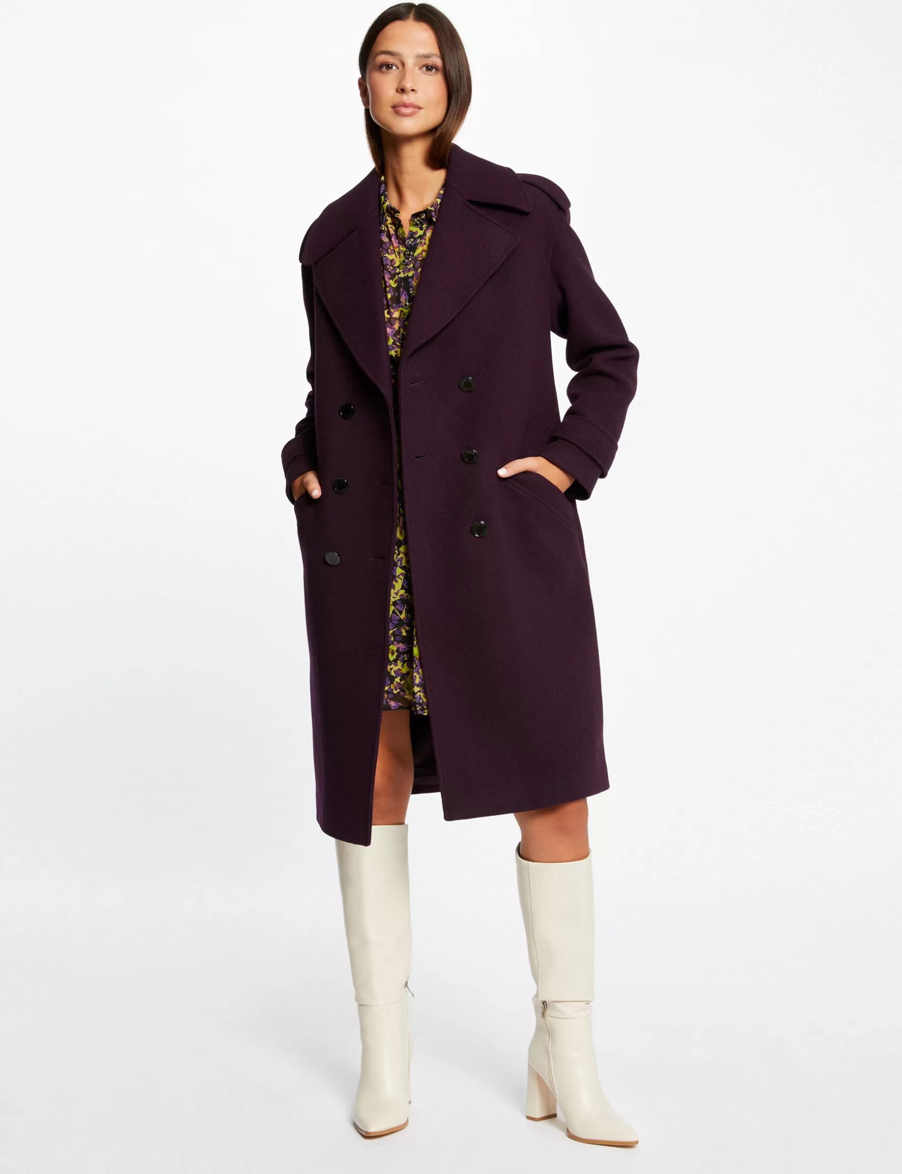 Clothes MORGAN ^Long straight double breasted coat dark purple ladies' dark_purple