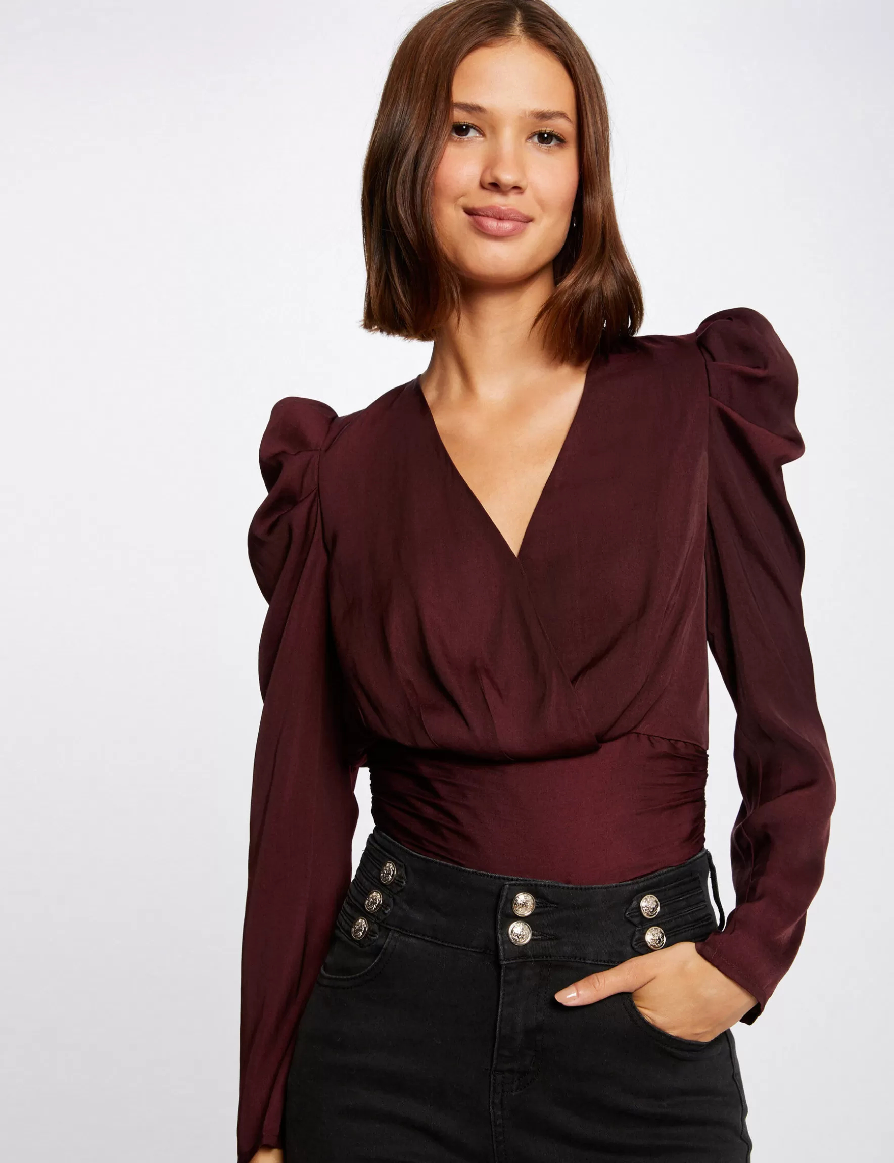 Clothes MORGAN ^Long-sleeved blouse wrap-over neckline ladies' plum