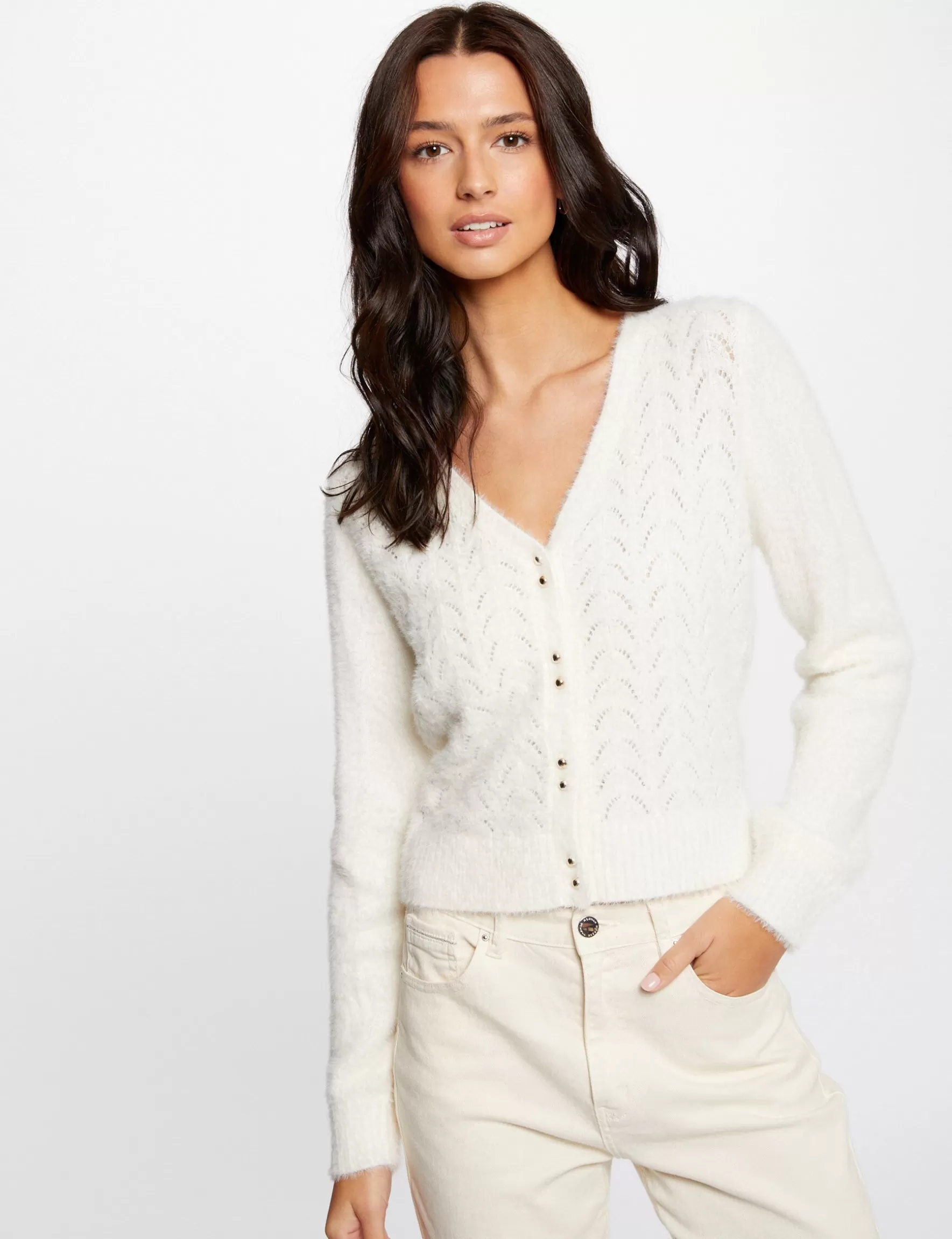 Clothes MORGAN ^Long-sleeved cardigan openwork details ladies' ivory