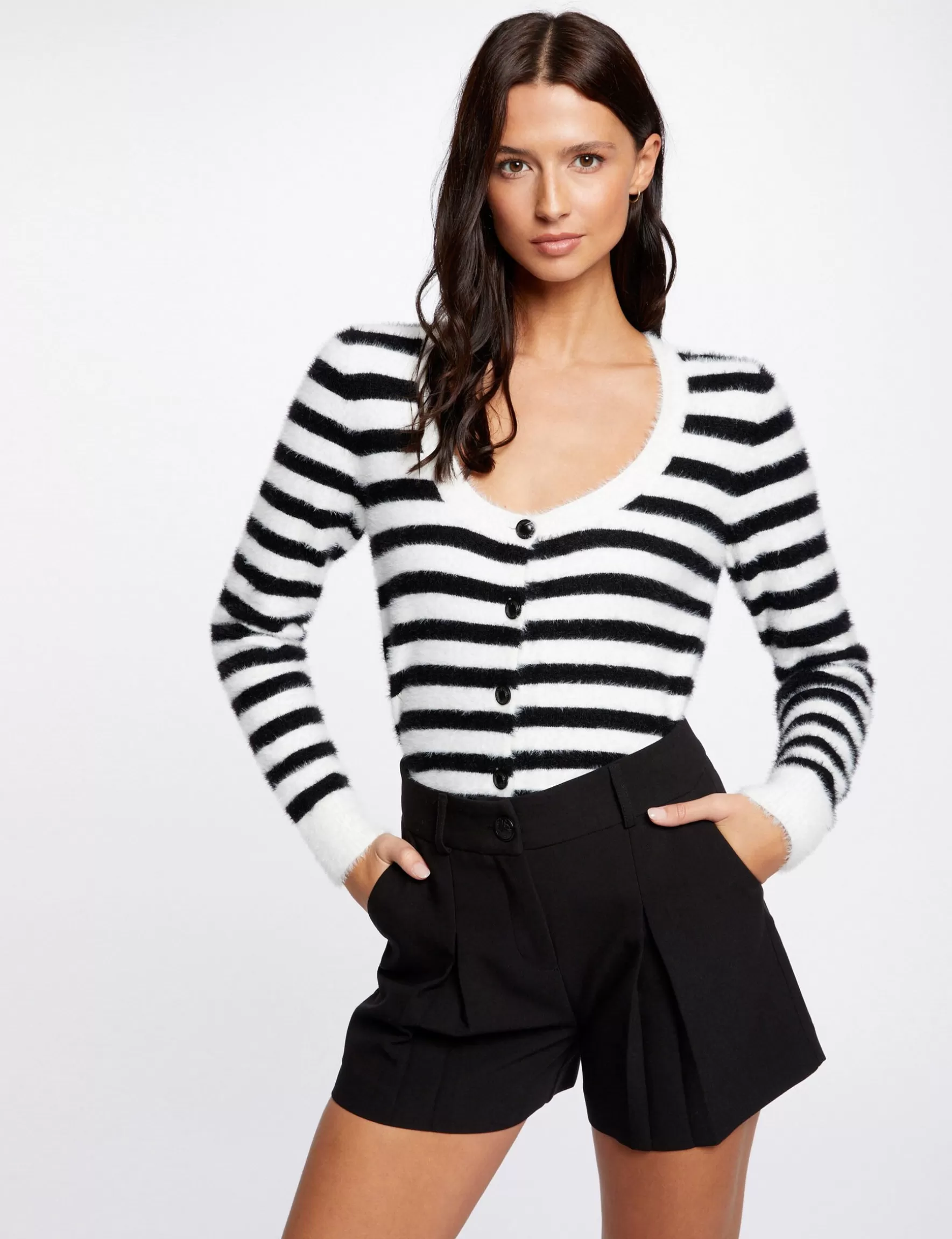 Clothes MORGAN ^Long-sleeved cardigan with stripes ladies' ecru