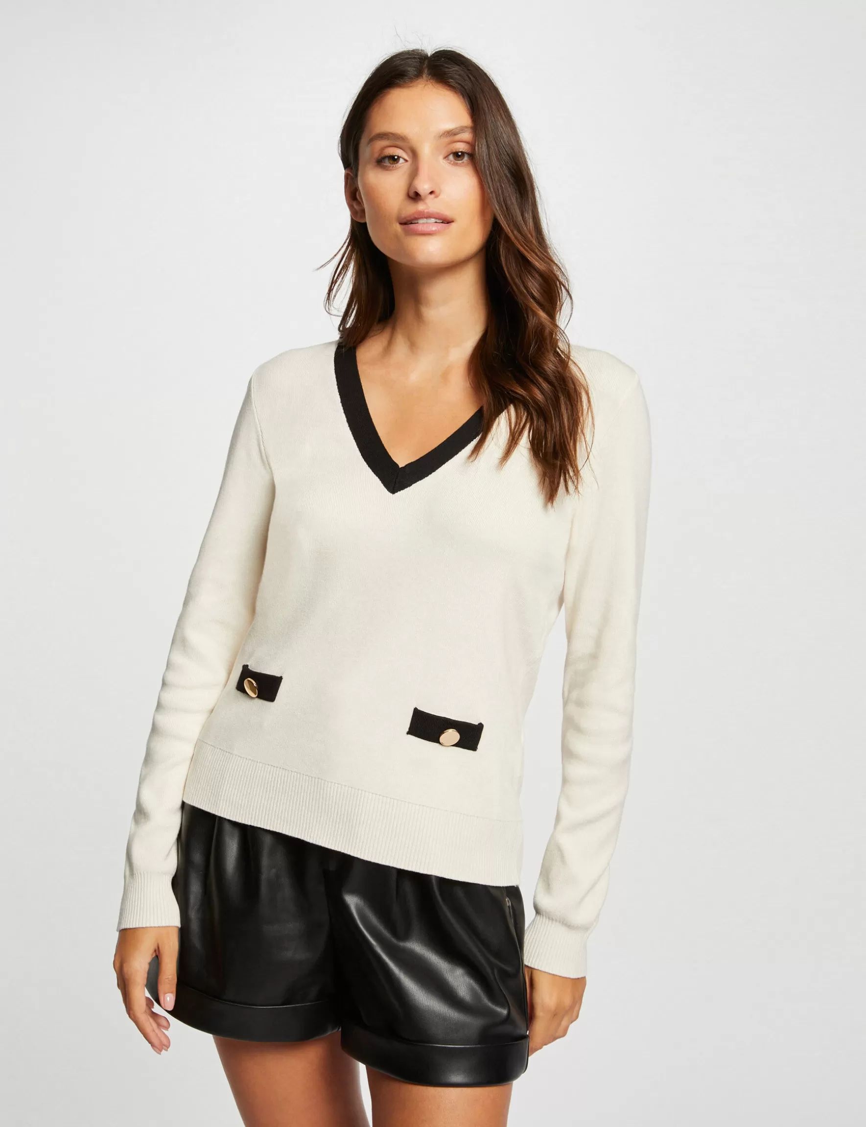 Clothes MORGAN ^Long-sleeved jumper with V-neck ladies' ivory