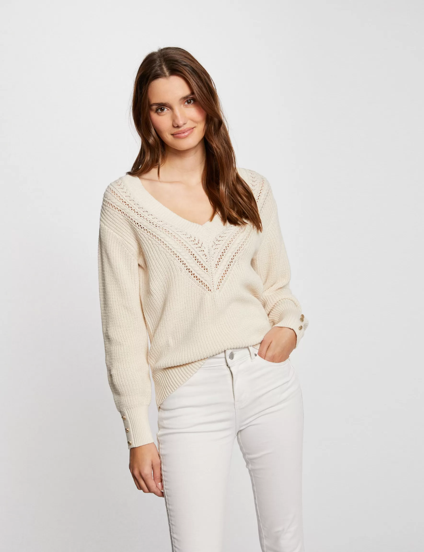 Clothes MORGAN ^Long-sleeved jumper with V-neck ladies' ivory