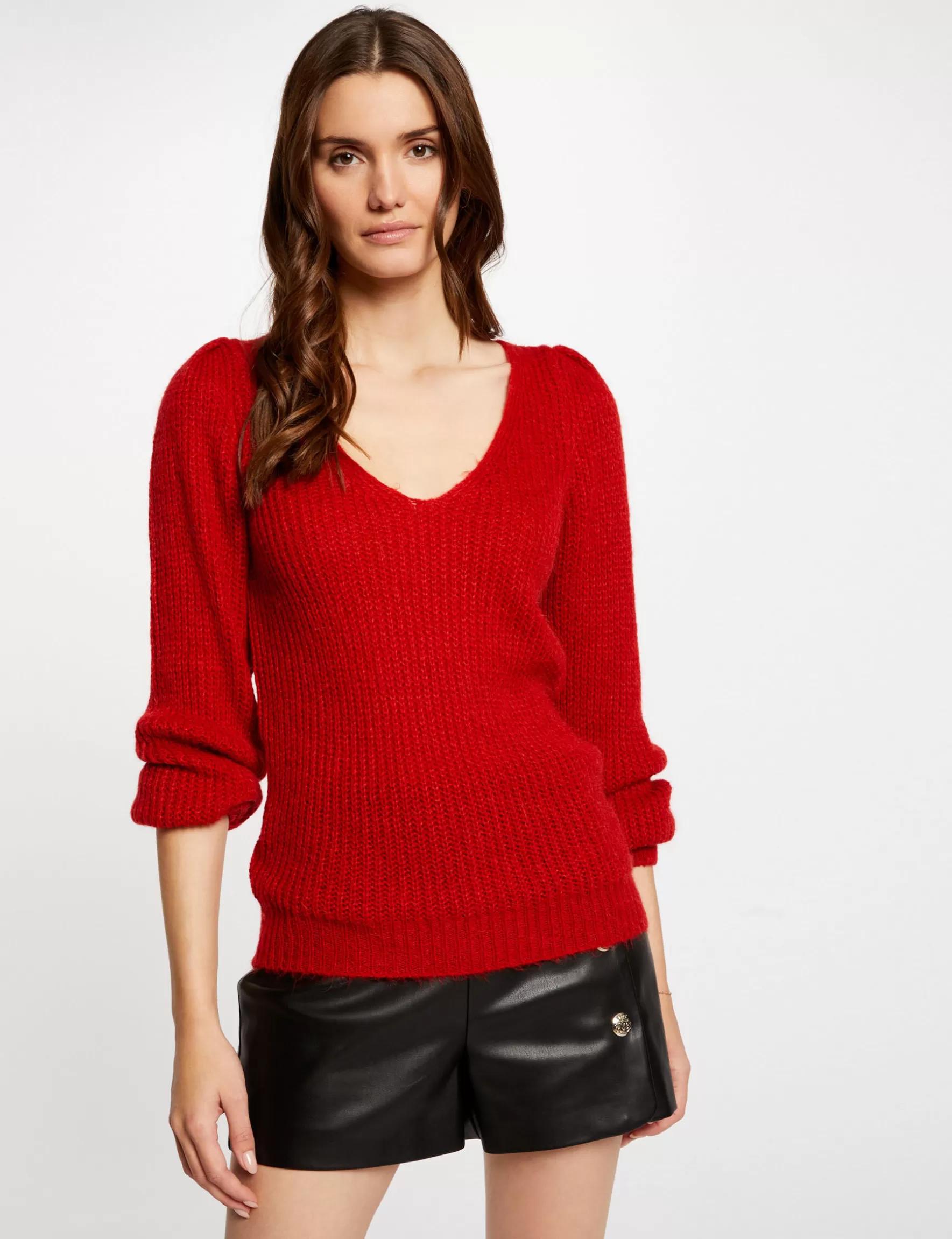 Clothes MORGAN ^Long-sleeved jumper with V-neck medium red ladies' medium_red