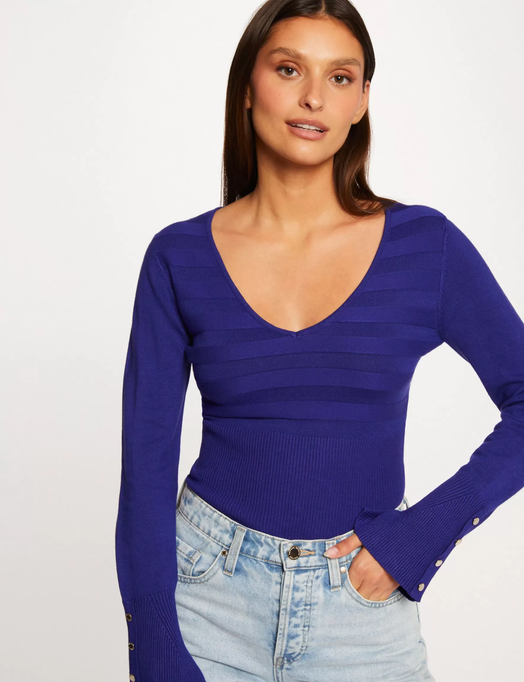 Clothes MORGAN ^Long-sleeved jumper with V-neck mid blue ladies' mid_blue