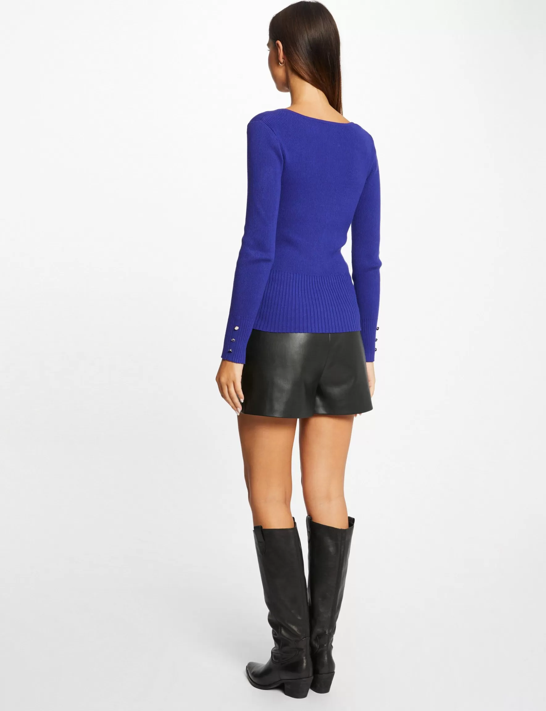 Clothes MORGAN ^Long-sleeved ribbed jumper with V-neck mid blue ladies' mid_blue