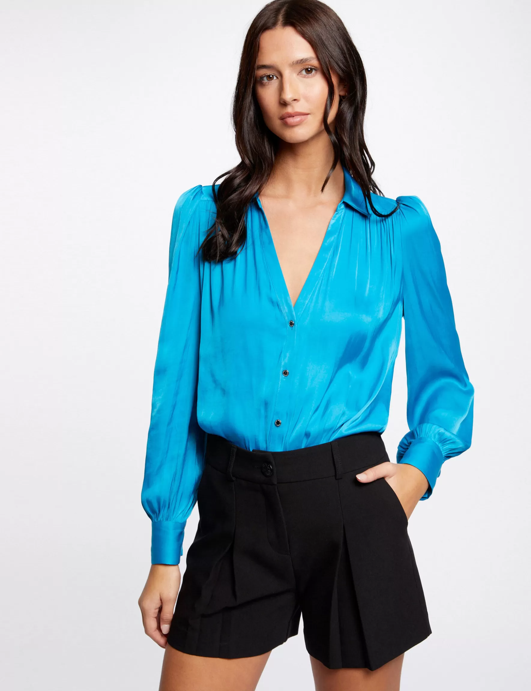 Clothes MORGAN ^Long-sleeved satin shirt ladies' blue