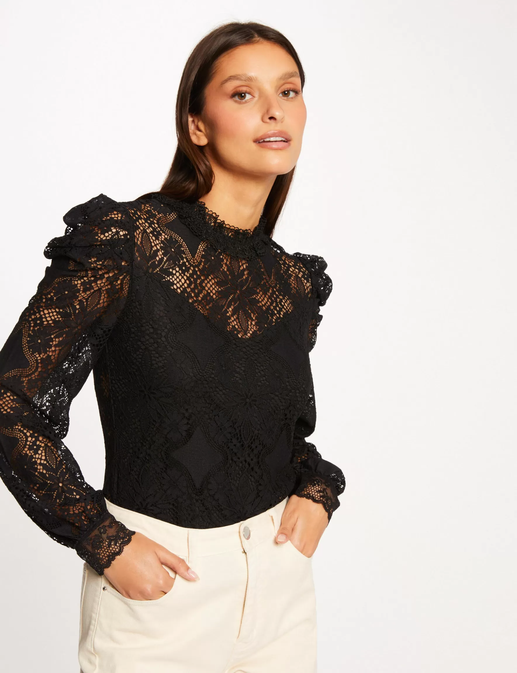 Clothes MORGAN ^Long-sleeved t-shirt with lace ladies' black