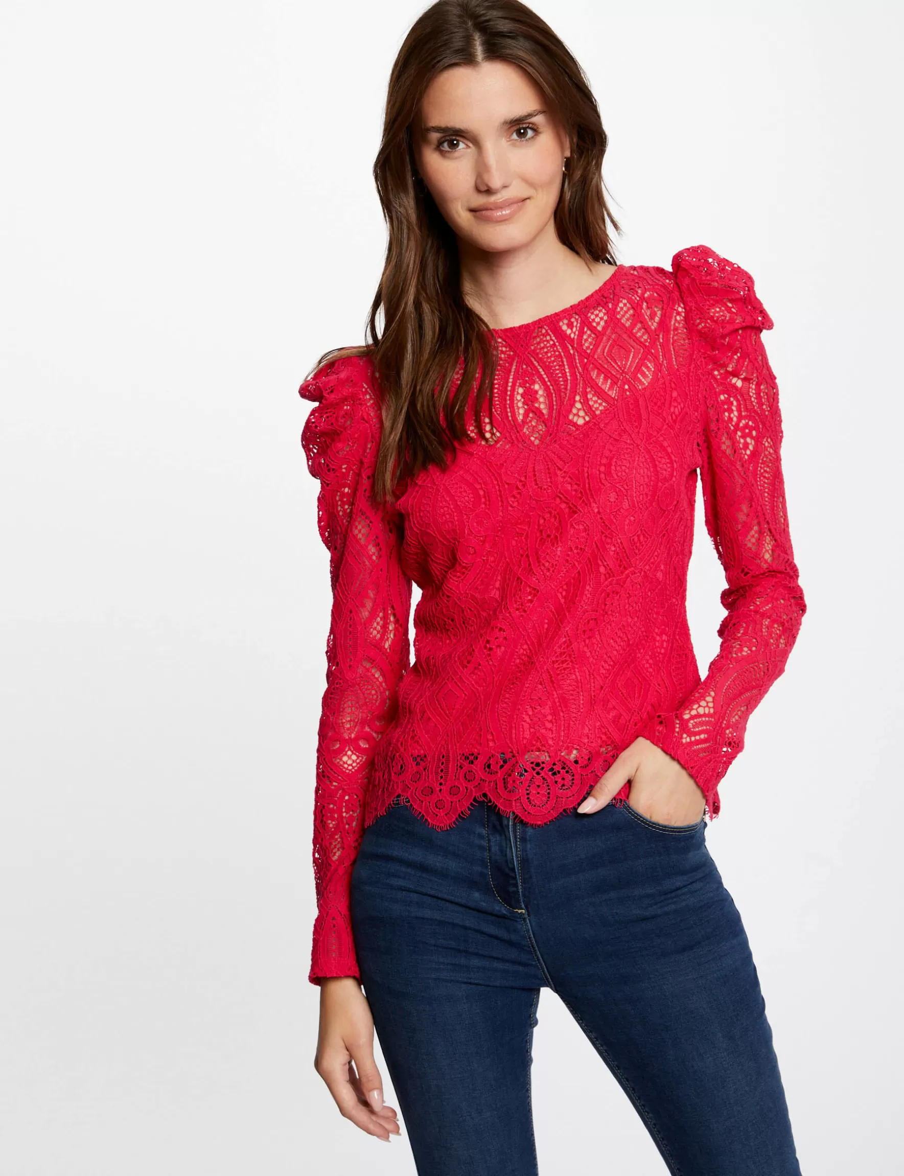 Clothes MORGAN ^Long-sleeved t-shirt with lace ladies' fuchsia