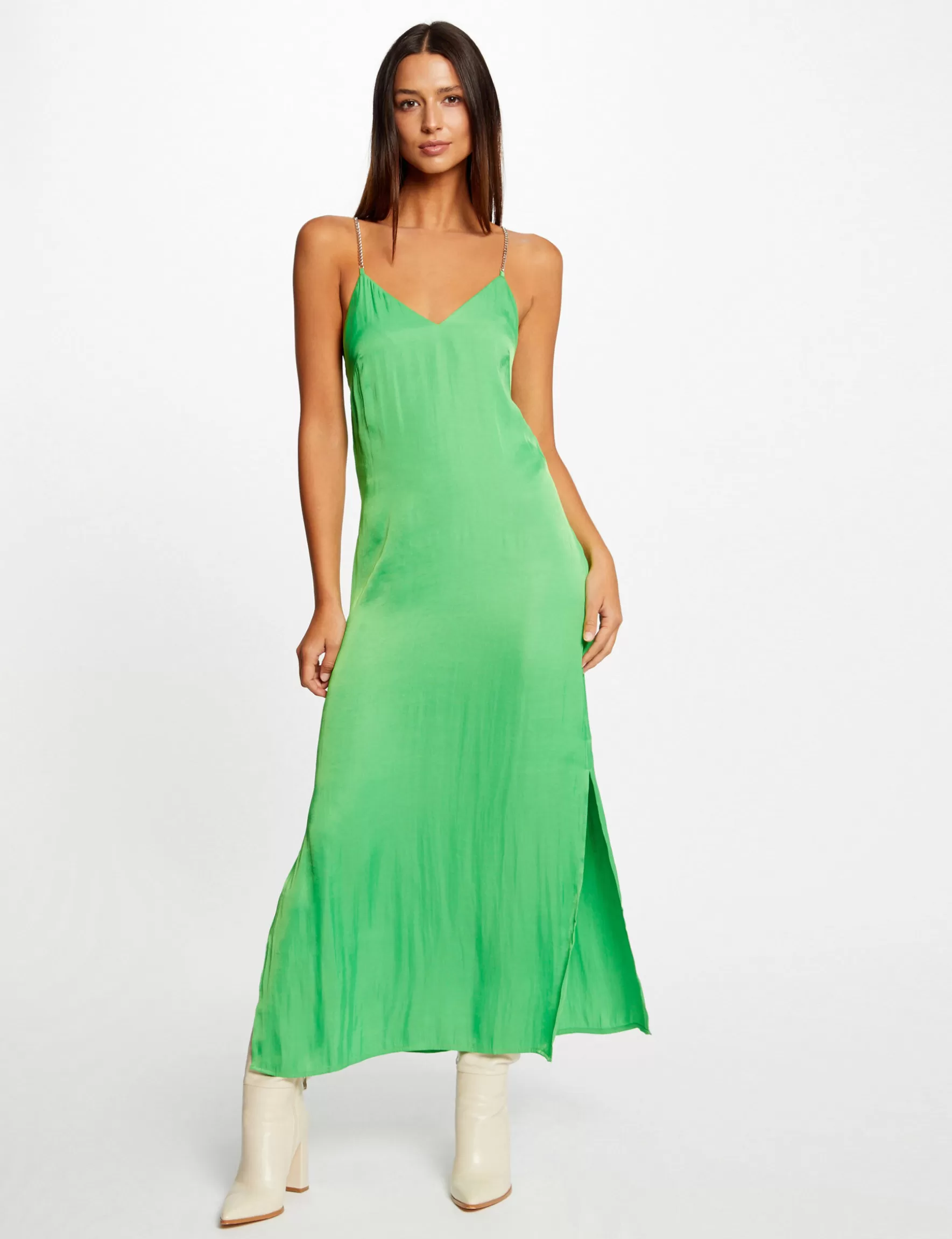 Clothes MORGAN ^Maxi A-line satin dress with slit light green ladies' light_green