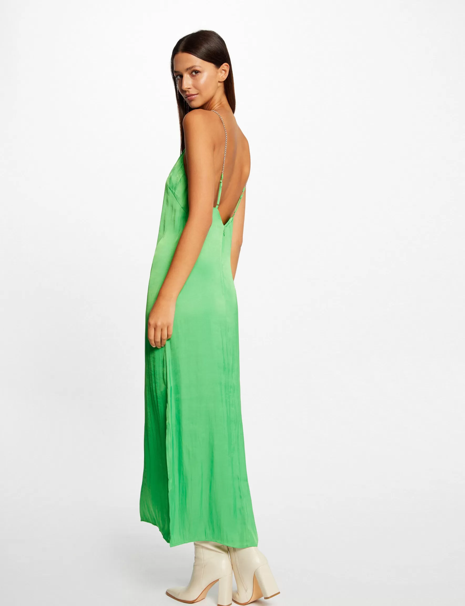 Clothes MORGAN ^Maxi A-line satin dress with slit light green ladies' light_green