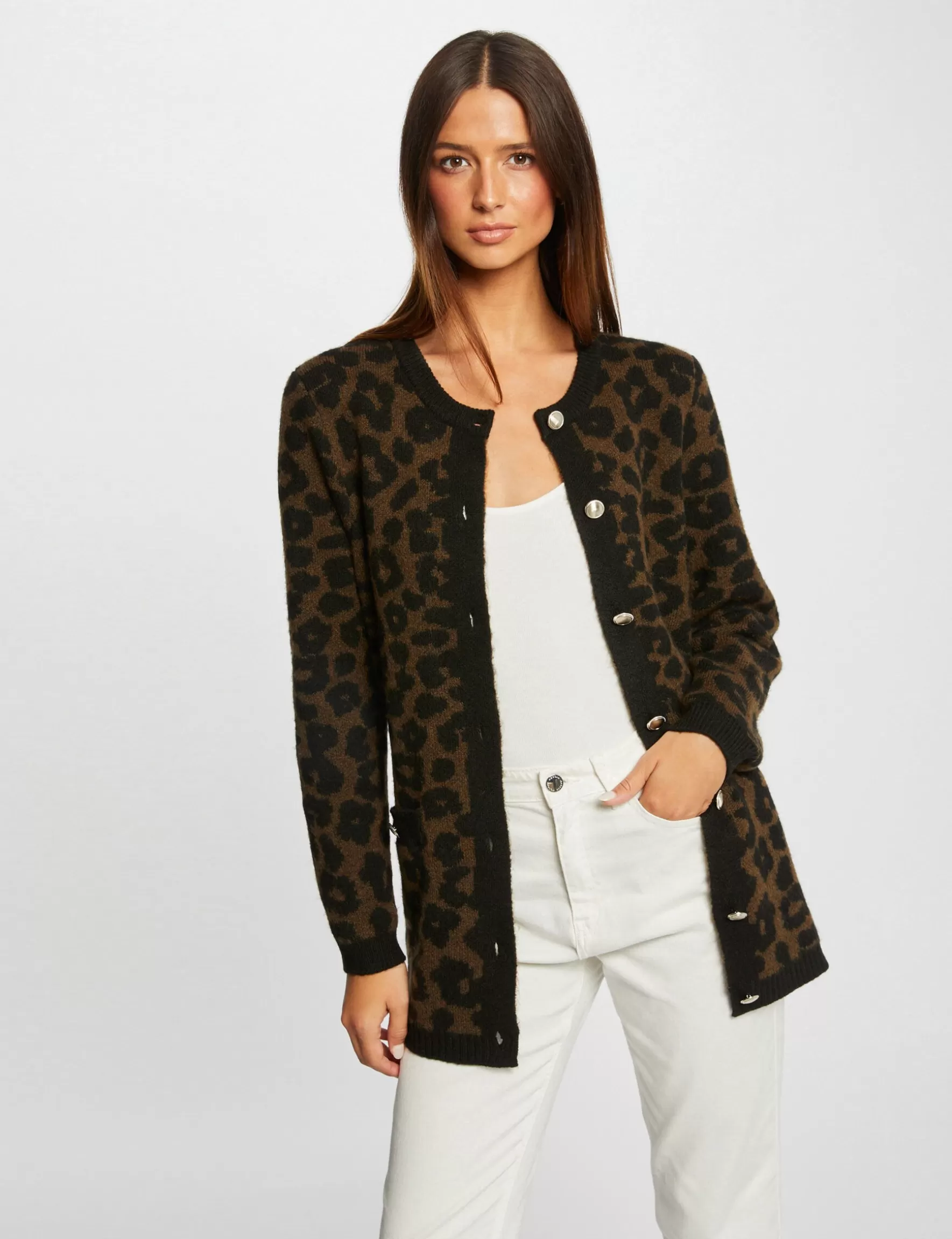 Clothes MORGAN ^Mid-length cardigan leopard print ladies' black