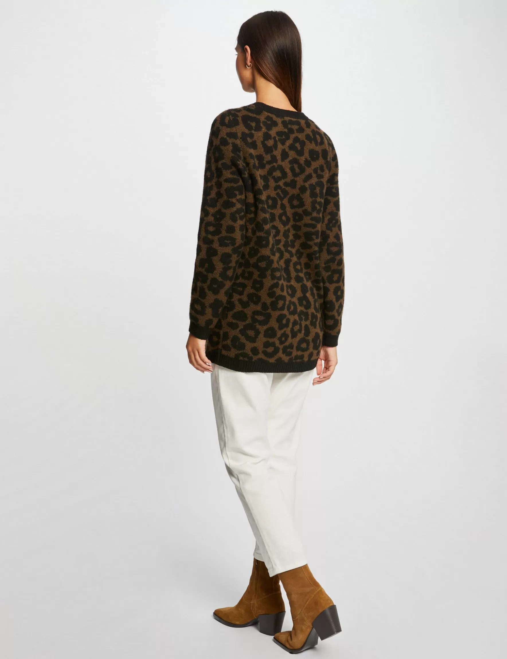 Clothes MORGAN ^Mid-length cardigan leopard print ladies' black