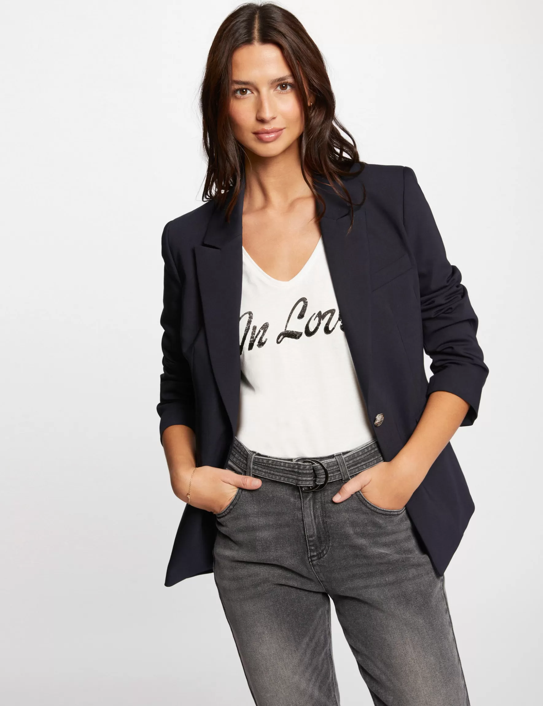 Clothes MORGAN ^Short waisted jacket ladies' navy