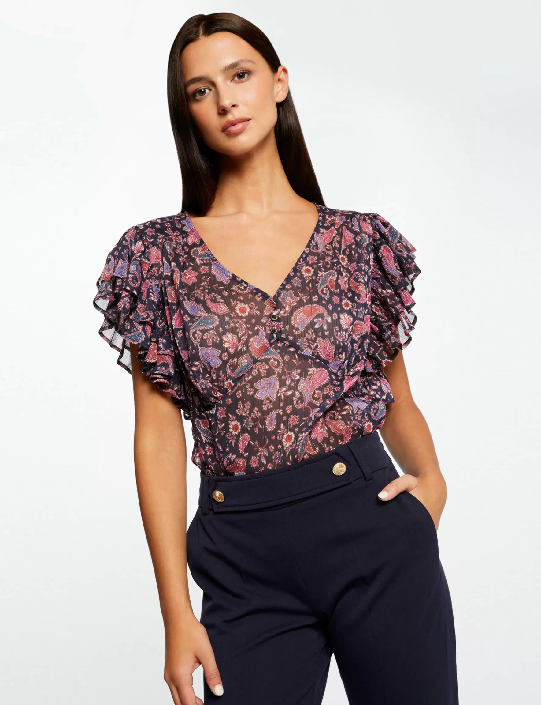 Clothes MORGAN ^Short-sleeved blouse paisley print ladies' navy