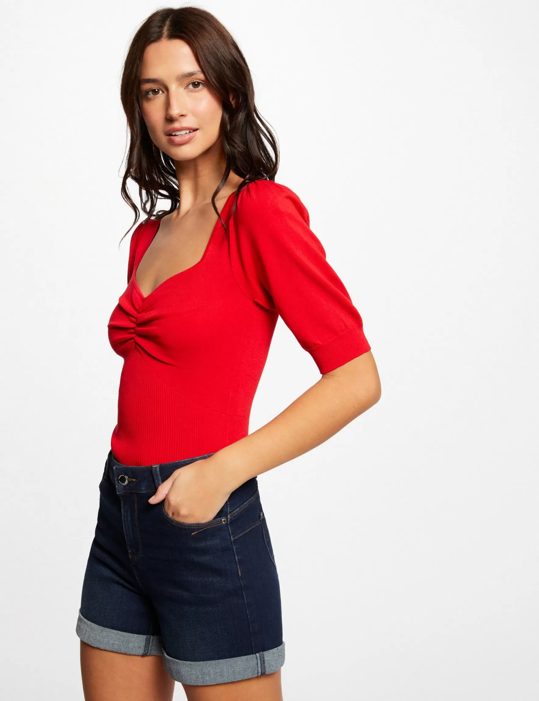 Clothes MORGAN ^Short-sleeved jumper sweetheart neckline ladies' red