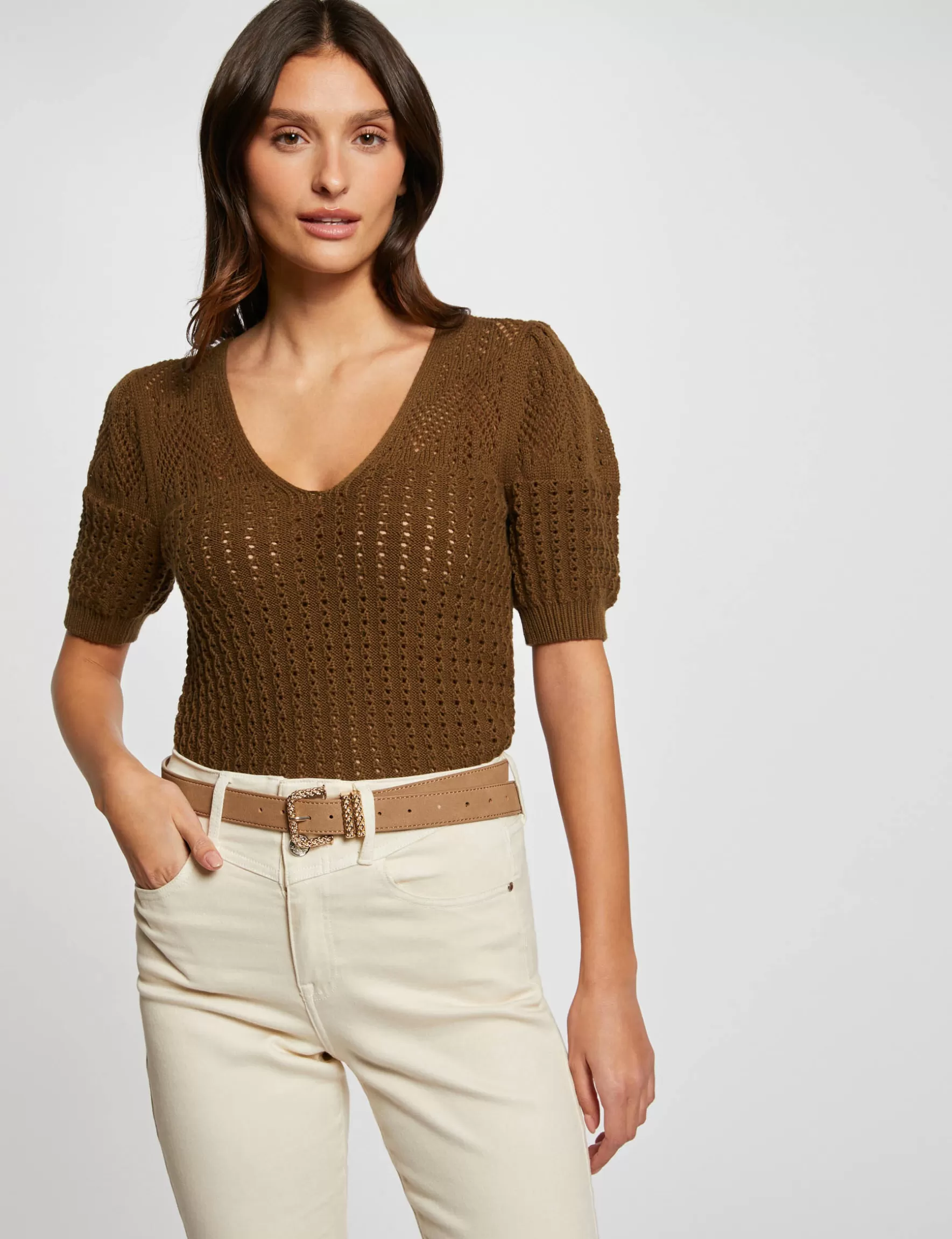 Clothes MORGAN ^Short-sleeved openwork jumper khaki green ladies' khaki_green