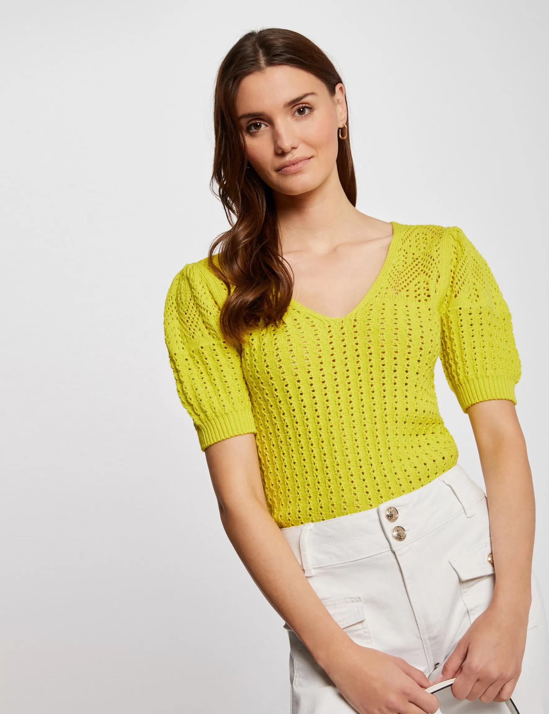 Clothes MORGAN ^Short-sleeved openwork jumper medium yellow ladies' medium_yellow