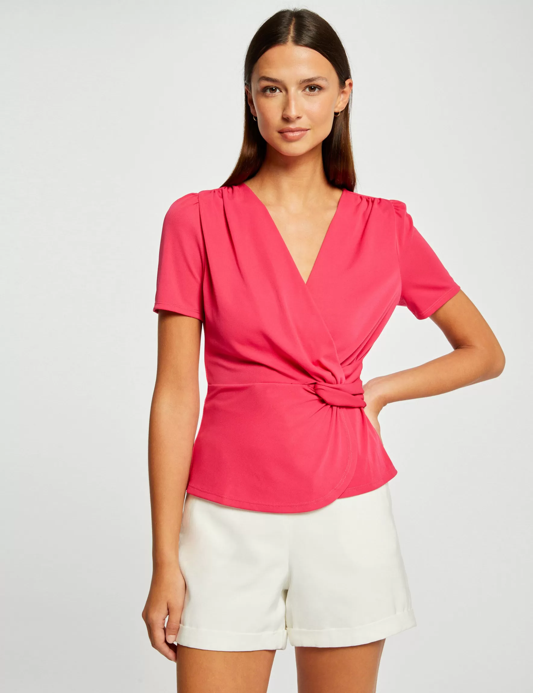 Clothes MORGAN ^Short-sleeved t-shirt wrap-over neckline ladies' raspberry