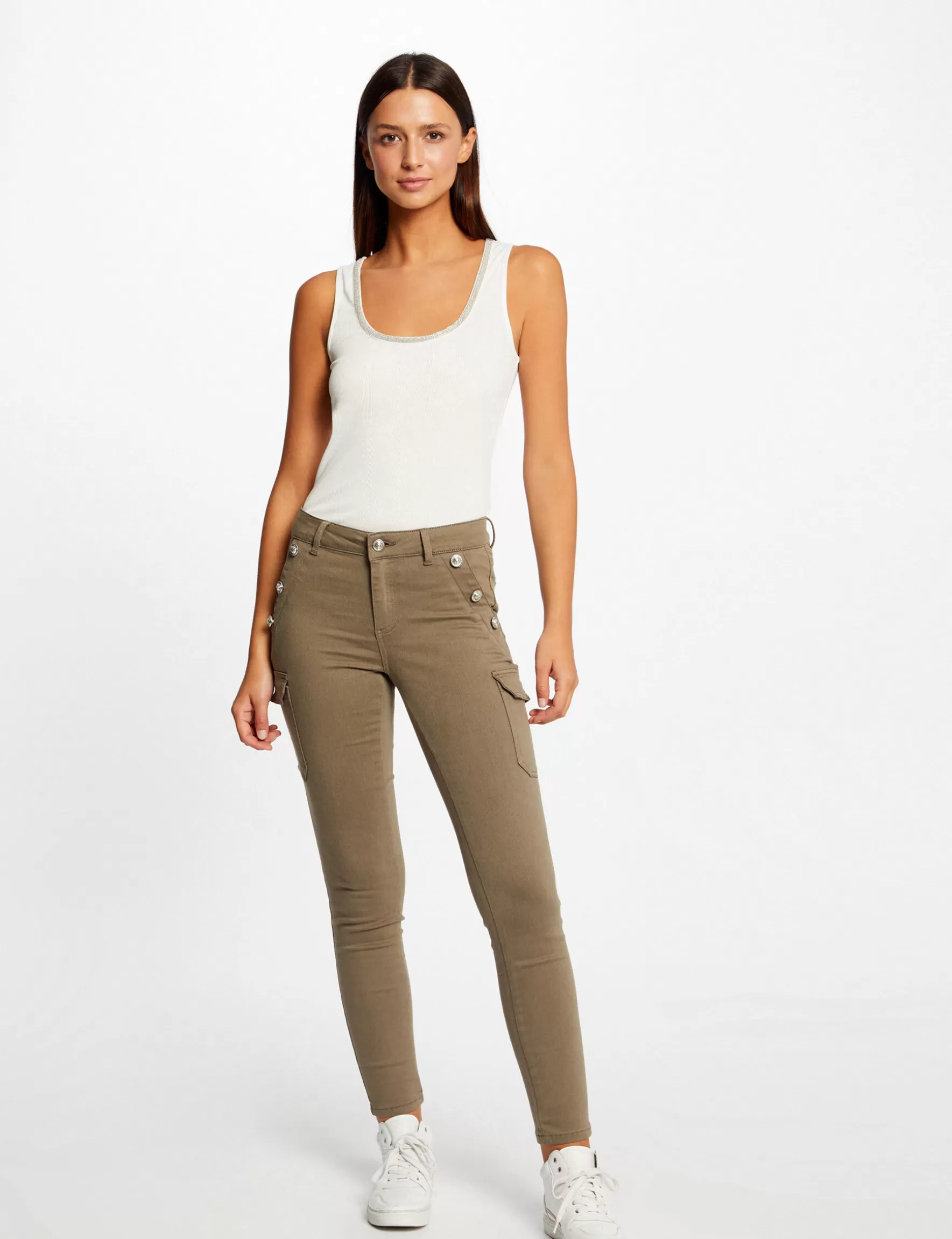 Clothes MORGAN ^Skinny cargo trousers with buttons khaki green ladies' khaki_green