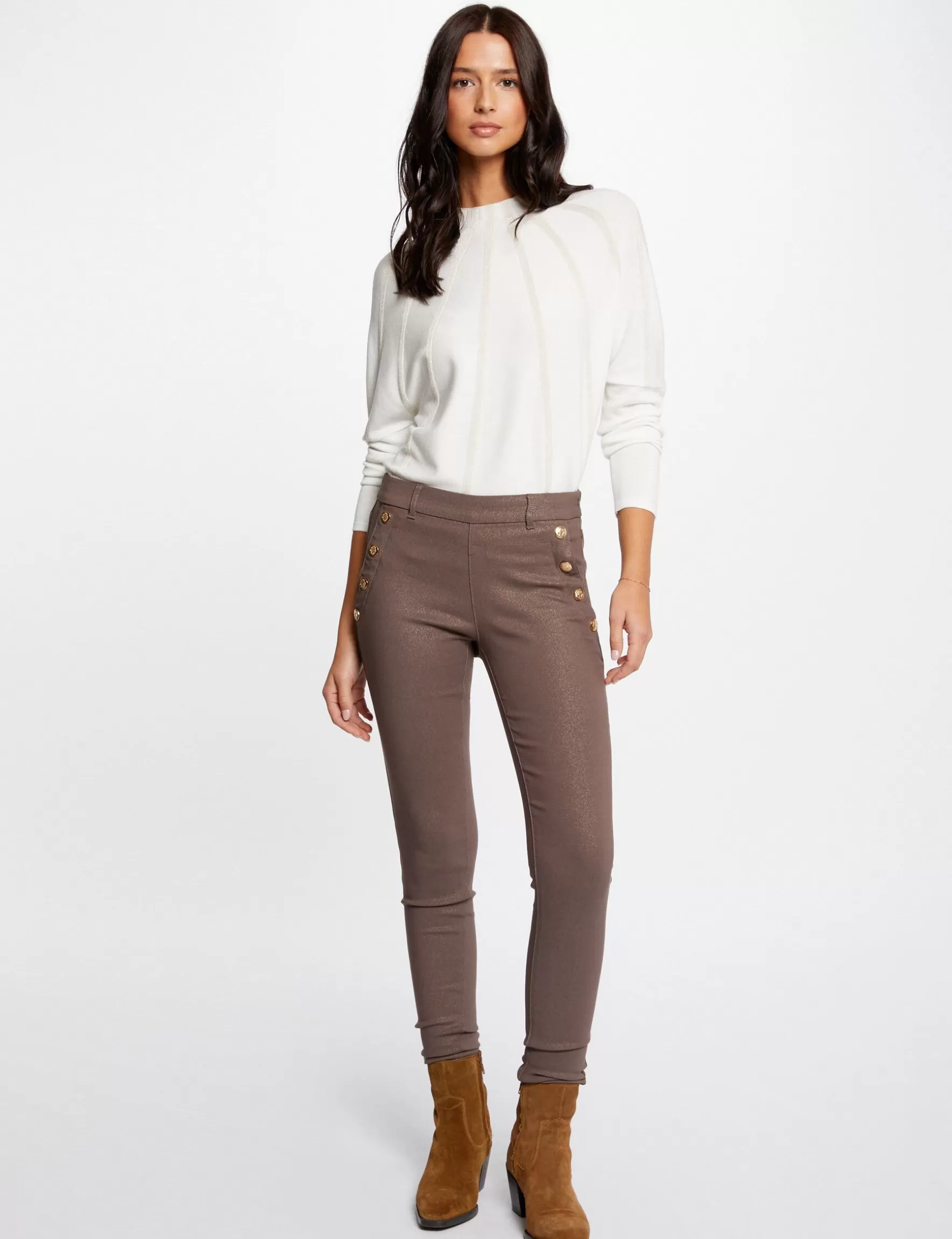 Clothes MORGAN ^Skinny trousers wet effect and buttons ladies' taupe