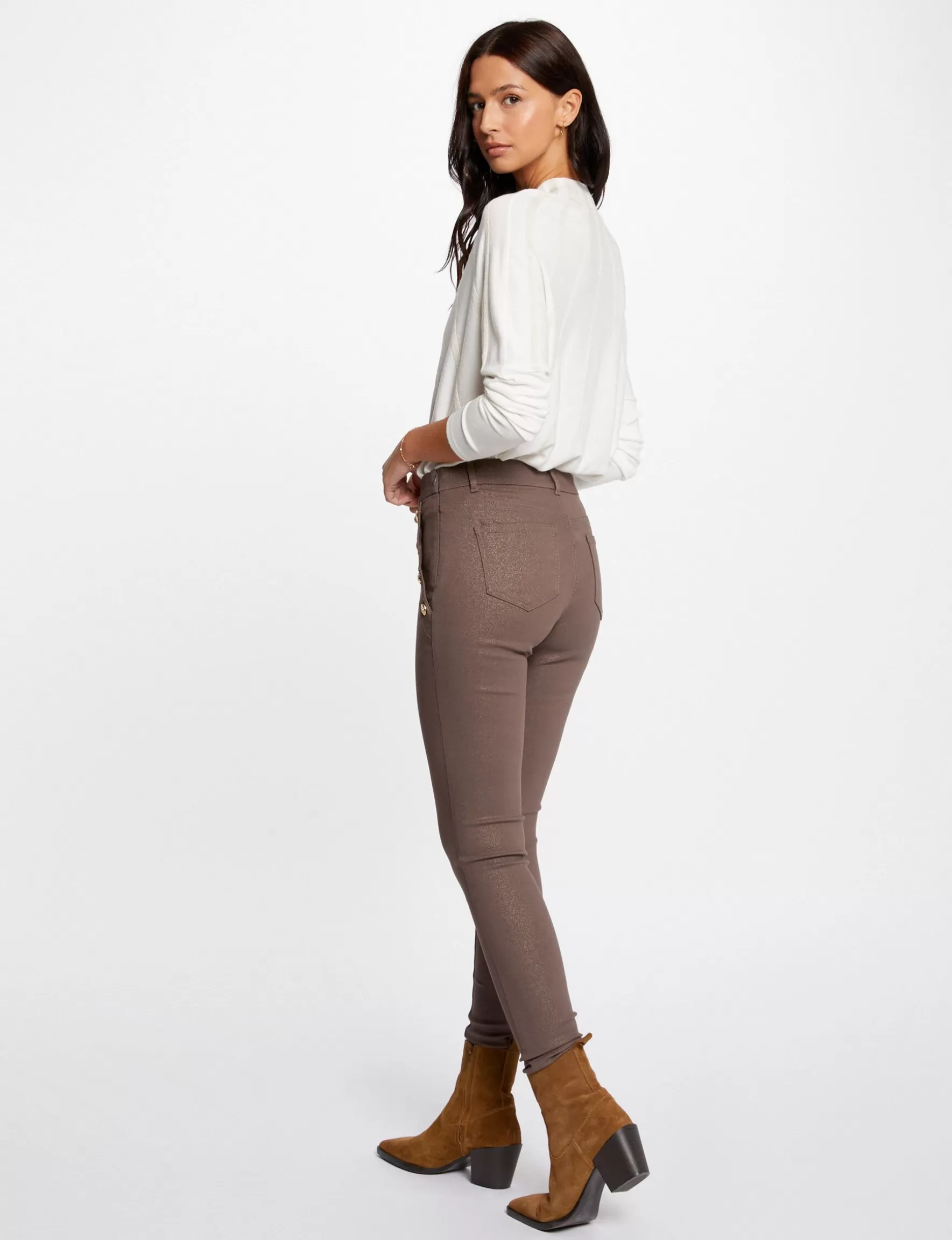 Clothes MORGAN ^Skinny trousers wet effect and buttons ladies' taupe