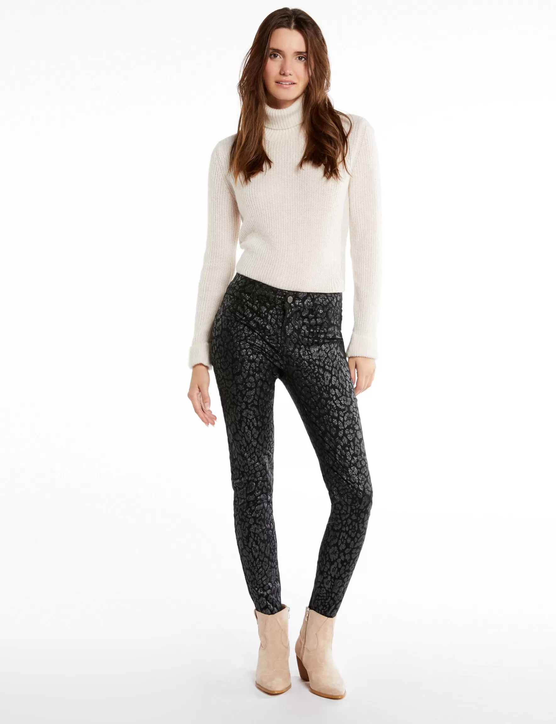 Clothes MORGAN ^Skinny trousers wet effect leopard print ladies' black