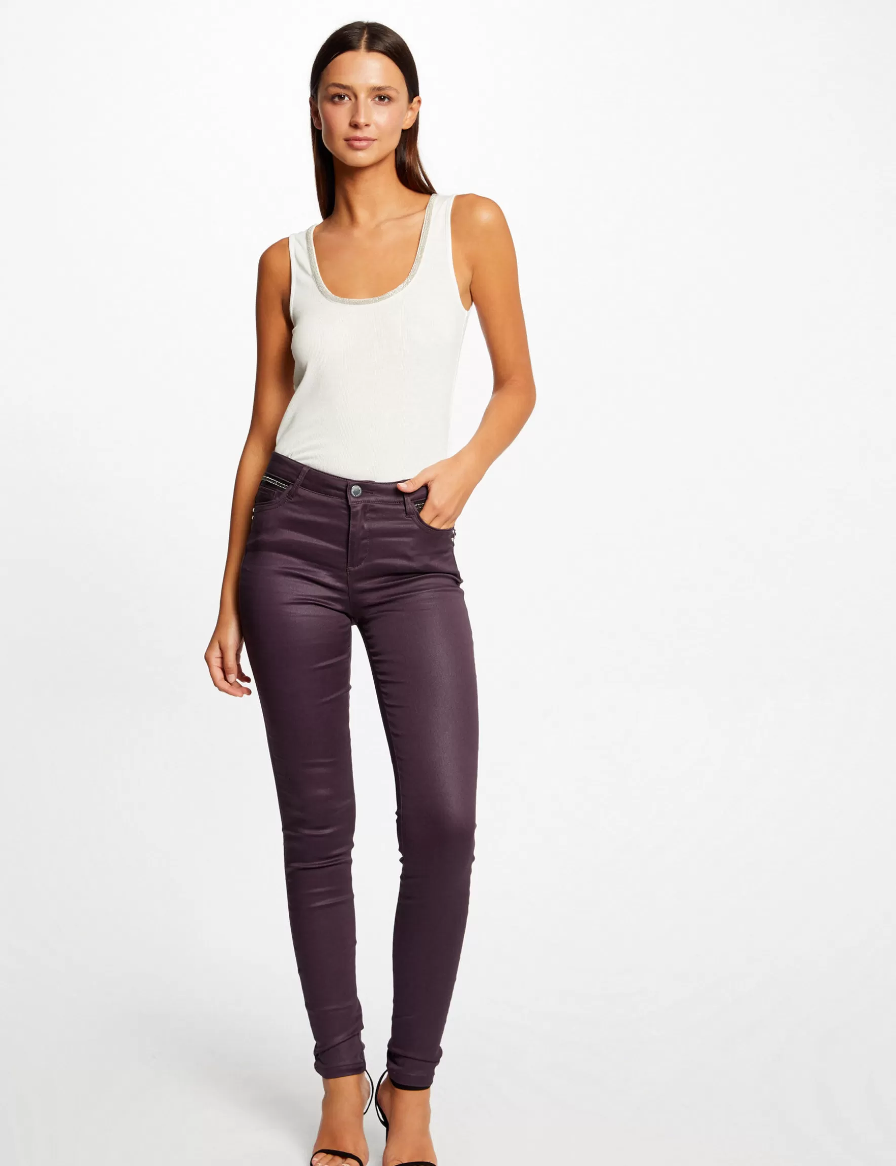 Clothes MORGAN ^Skinny trousers wet effect ladies' plum