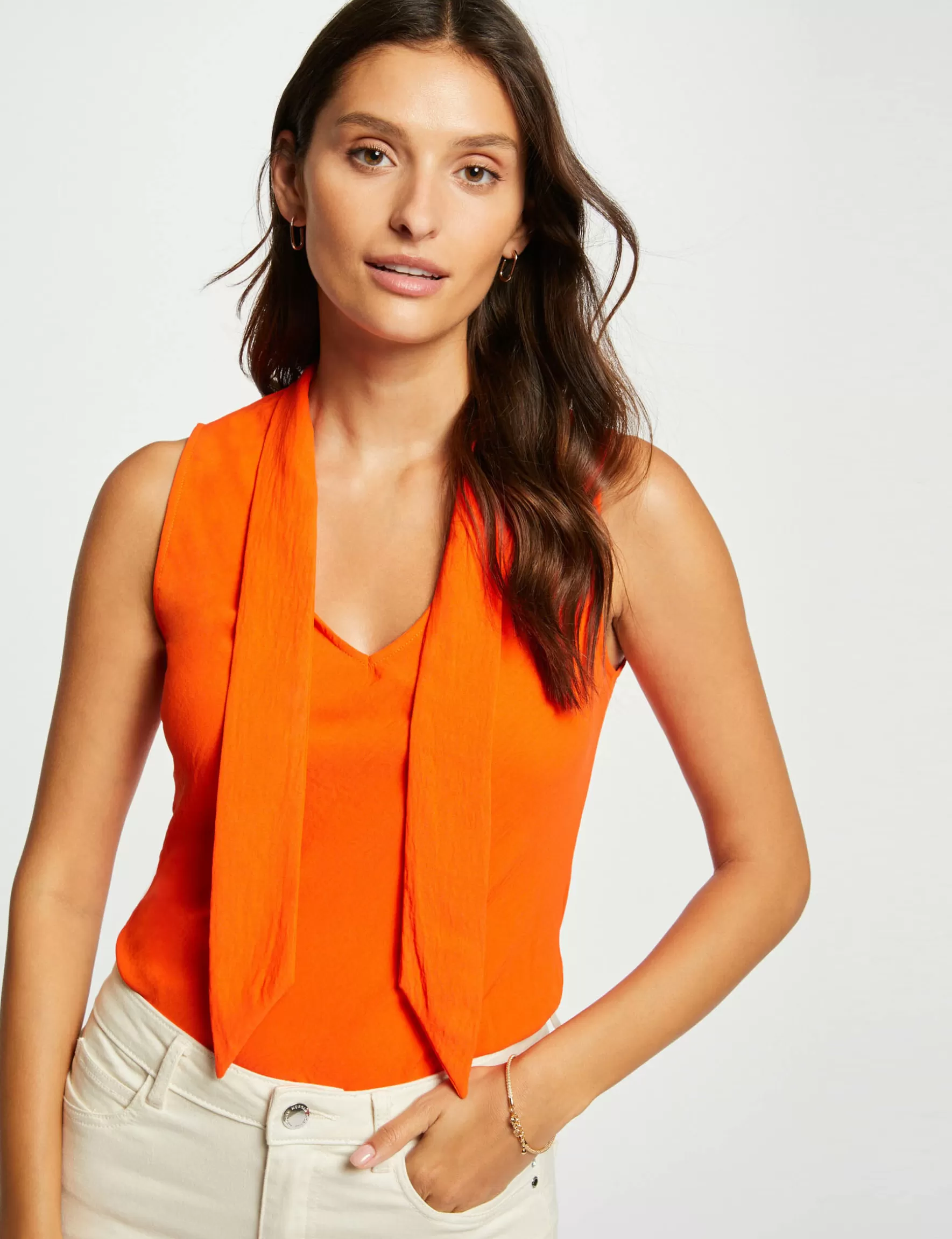 Clothes MORGAN ^Sleeveless blouse with tie neck ladies' orange