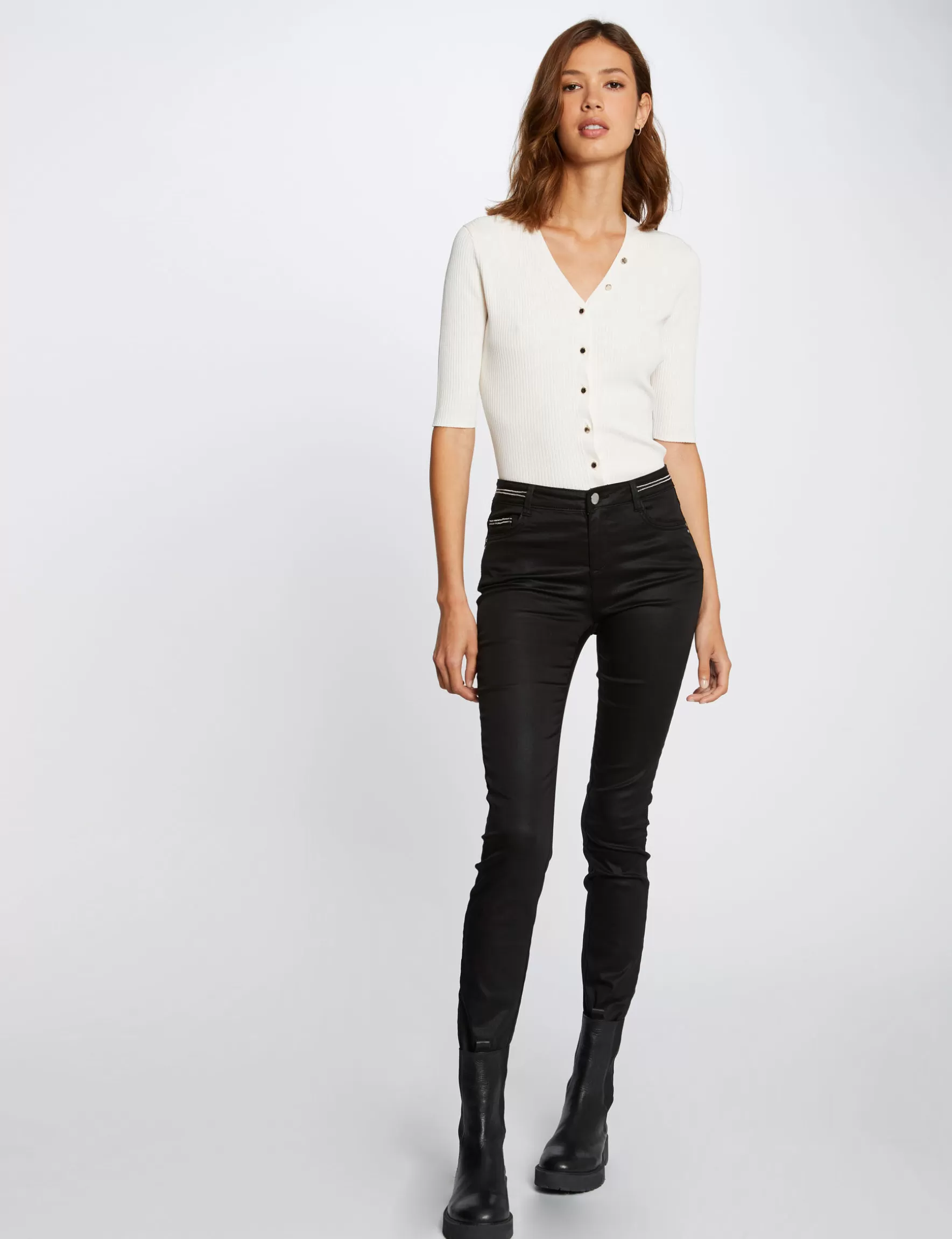 Clothes MORGAN ^Slim trousers with wet effect ladies' black