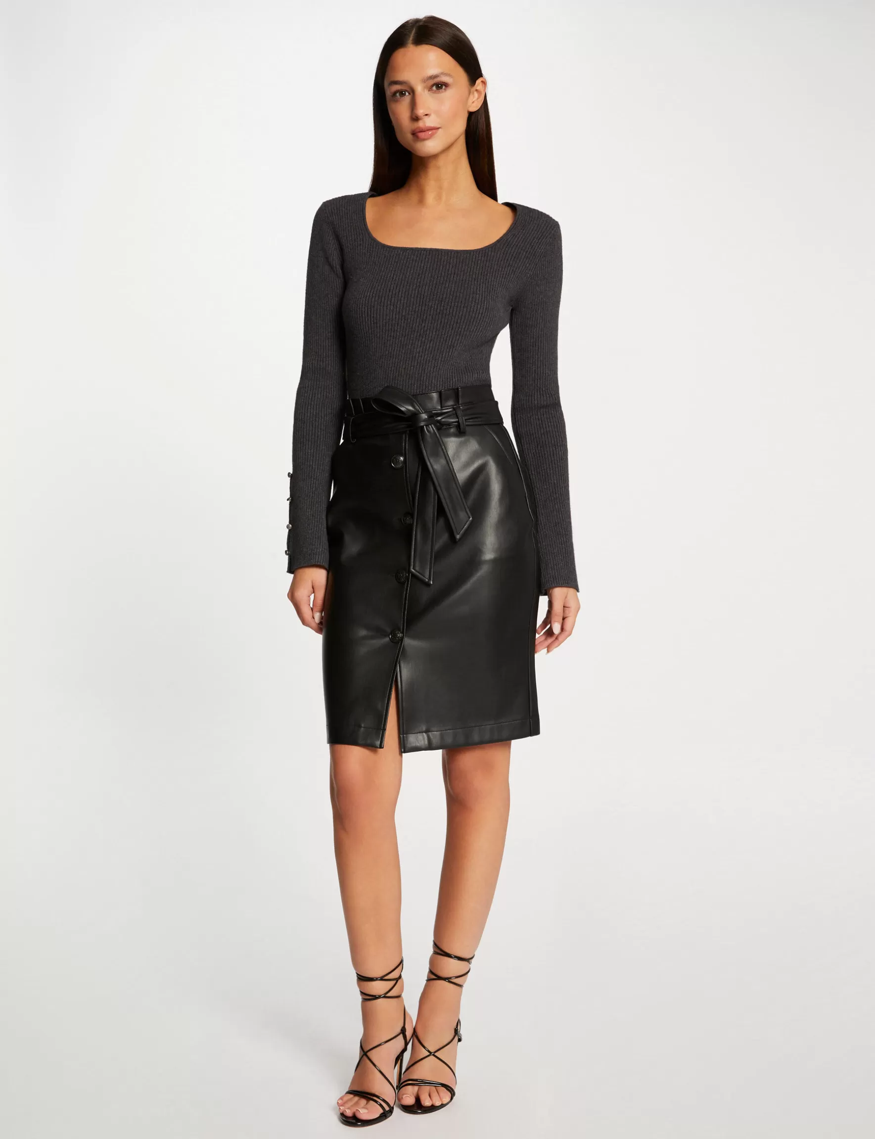 Clothes MORGAN ^Straight belted skirt in faux leather ladies' black