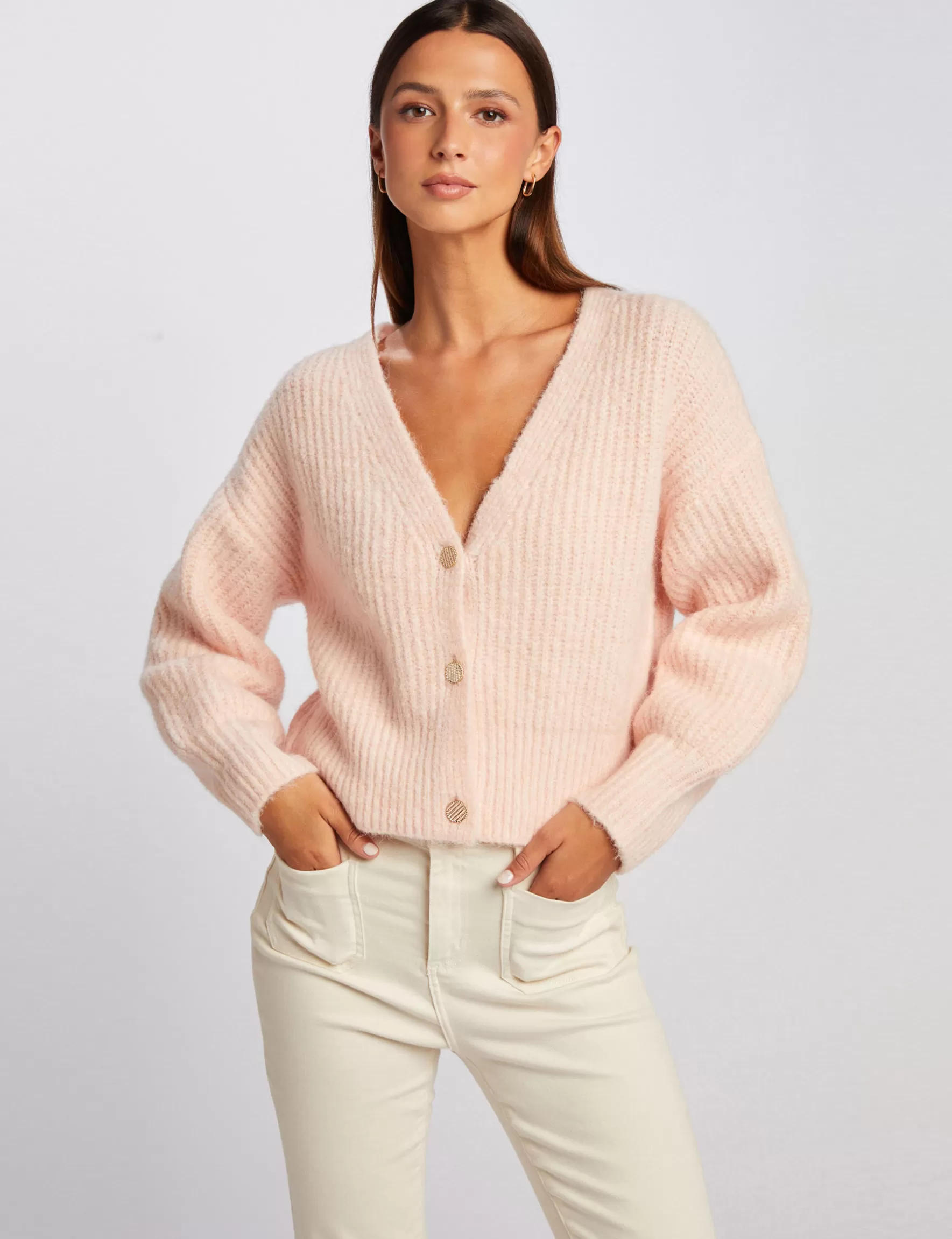 Clothes MORGAN ^Straight buttoned cardigan with V-neck ladies' pink