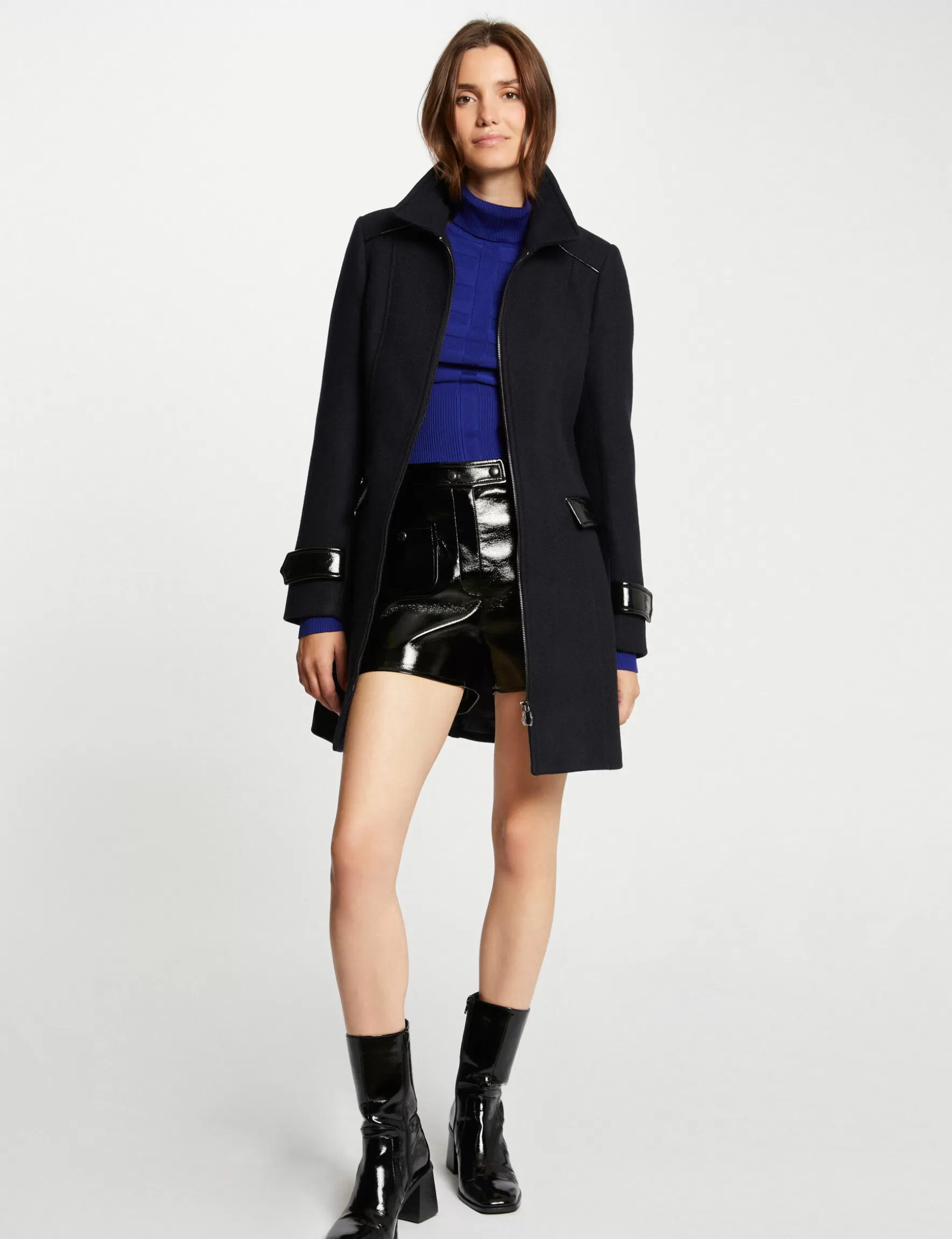 Clothes MORGAN ^Straight coat faux leather details ladies' navy