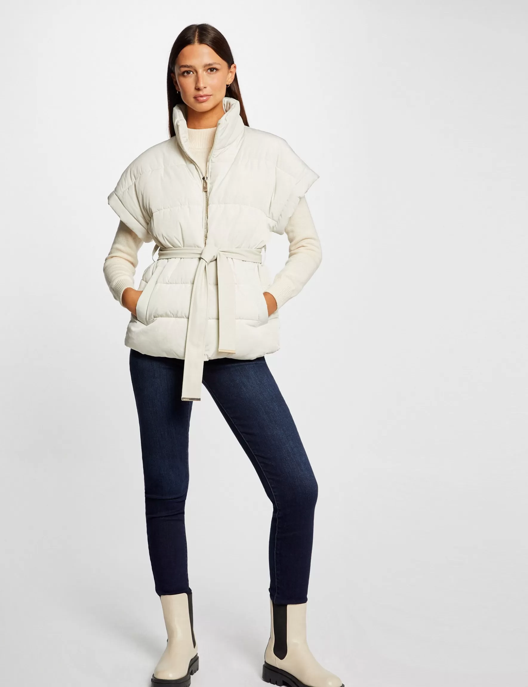 Clothes MORGAN ^Straight padded jacket with belt ladies' ivory