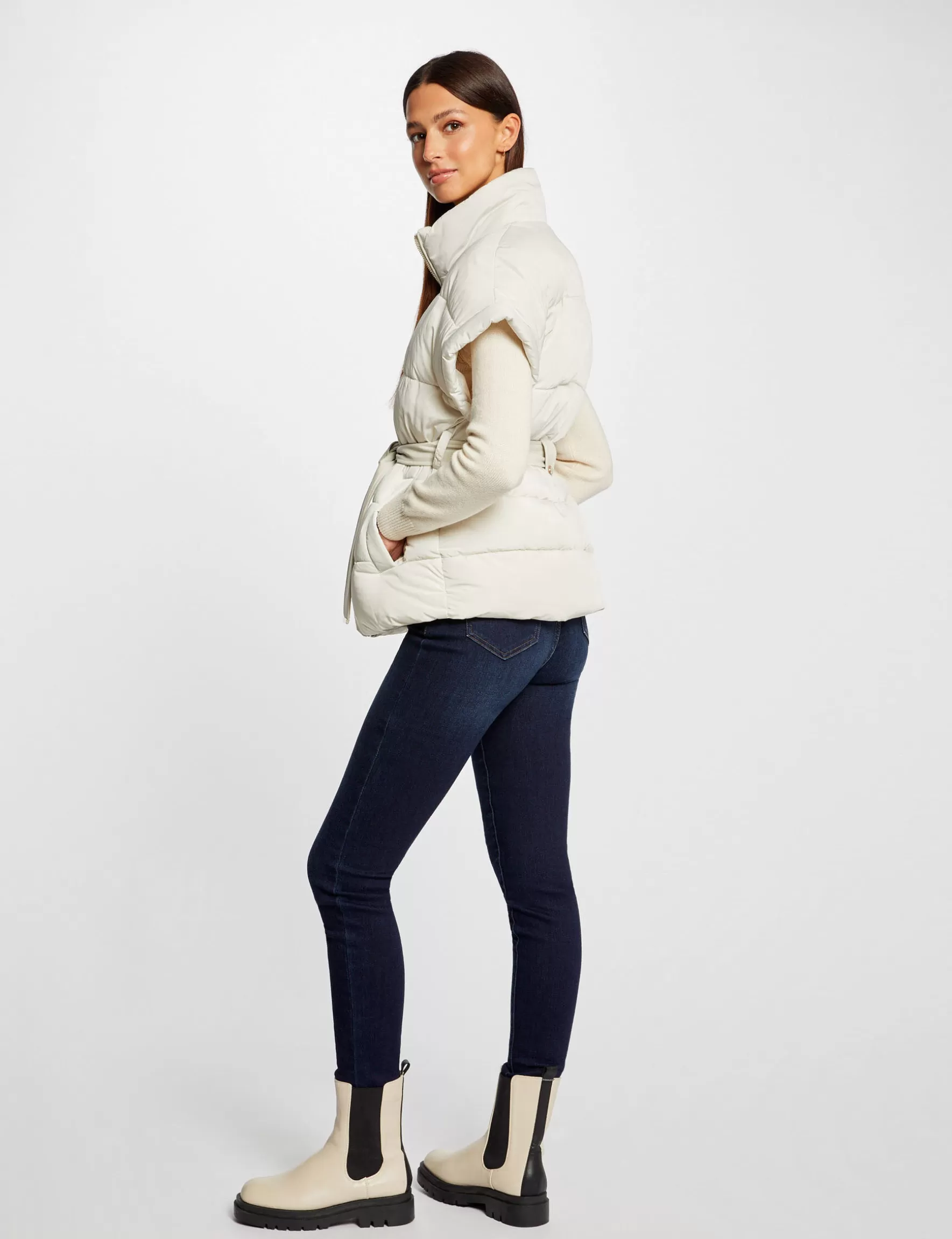 Clothes MORGAN ^Straight padded jacket with belt ladies' ivory