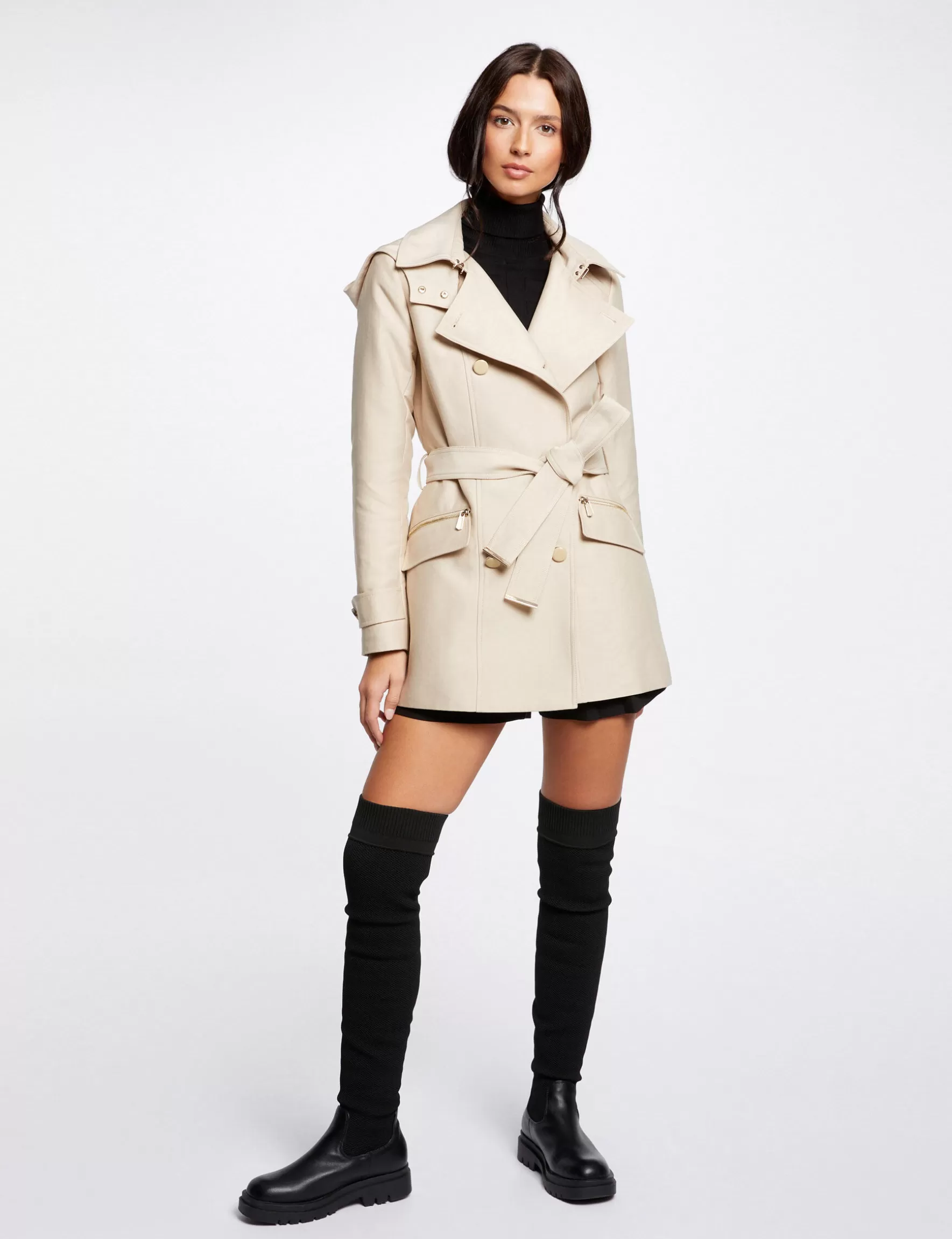 Clothes MORGAN ^Waisted belted trenchcoat with hood ladies' beige