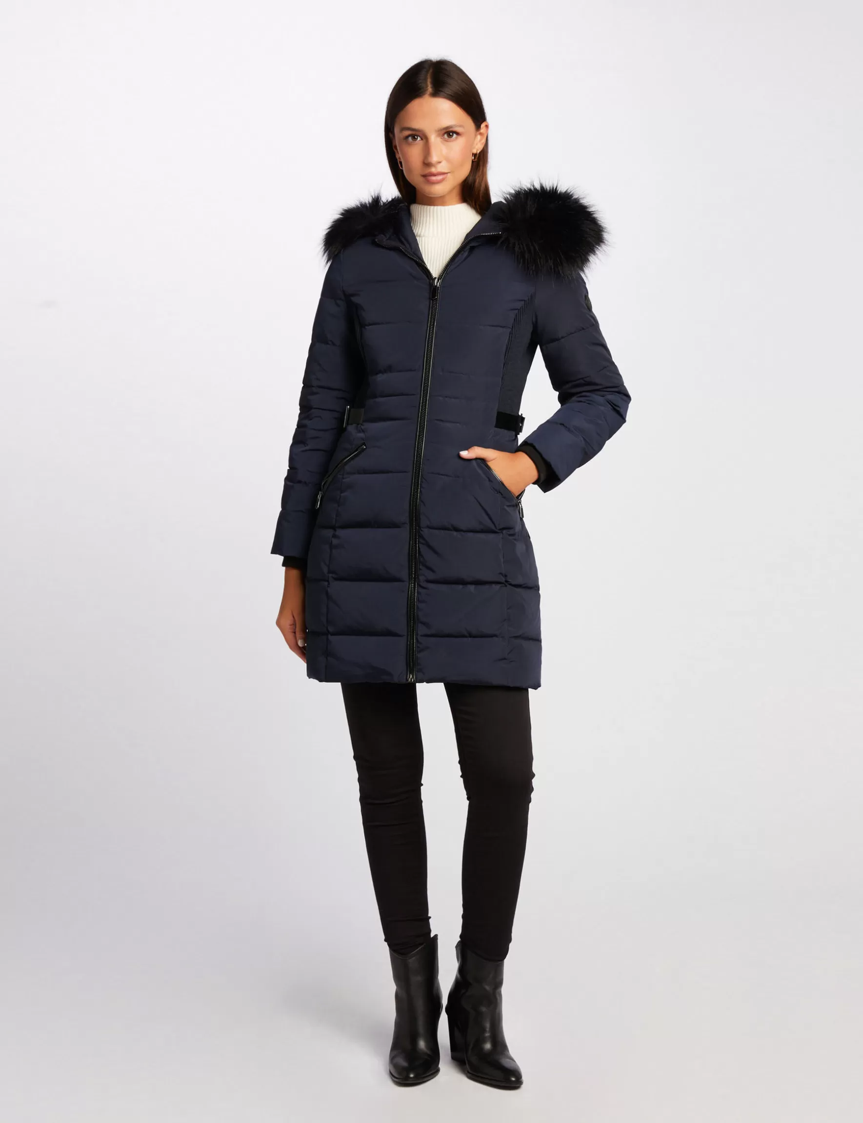 Clothes MORGAN ^Waisted padded jacket with hood ladies' navy